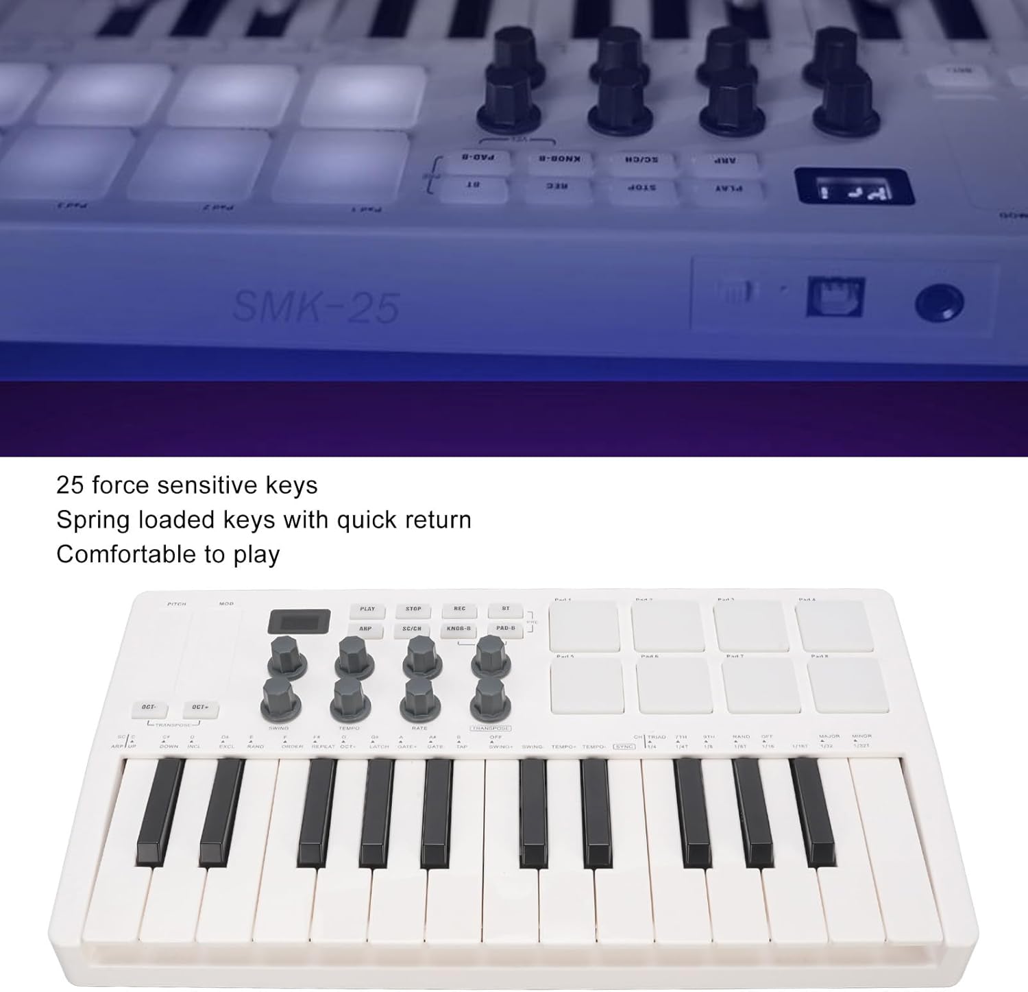 25 Key MIDI Keyboard Controller, 8 Backlit Drum Pads & 8 Assignable Rotary Knobs, Wireless Bluetooth MIDI Controller for Musician Music Production, White