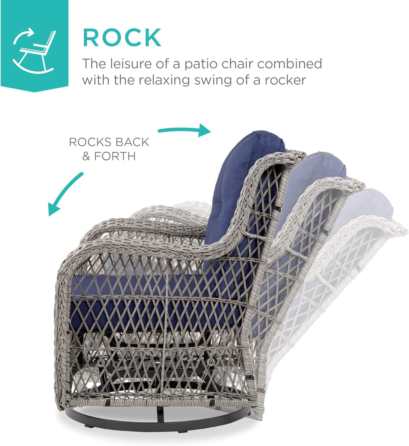 Best Choice Products 3-Piece Outdoor Wicker Patio Bistro Set w/ 2 360-Degree Swivel Rocking Chairs and Tempered Glass Top Side Table - Navy