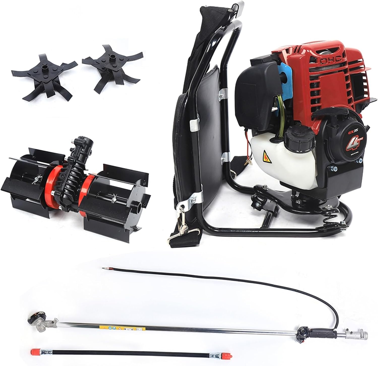 35.4CC 4 Stroke Backpack Gas Brush Cutter Tiller for Garden,1.4HP 1000W 3-in-1 Weed Wacker String Trimmer,4500-8500RPM Single-Cylinder Air-Cooled Cultivator Lawn Mower for Weeding Tilling Harvesting