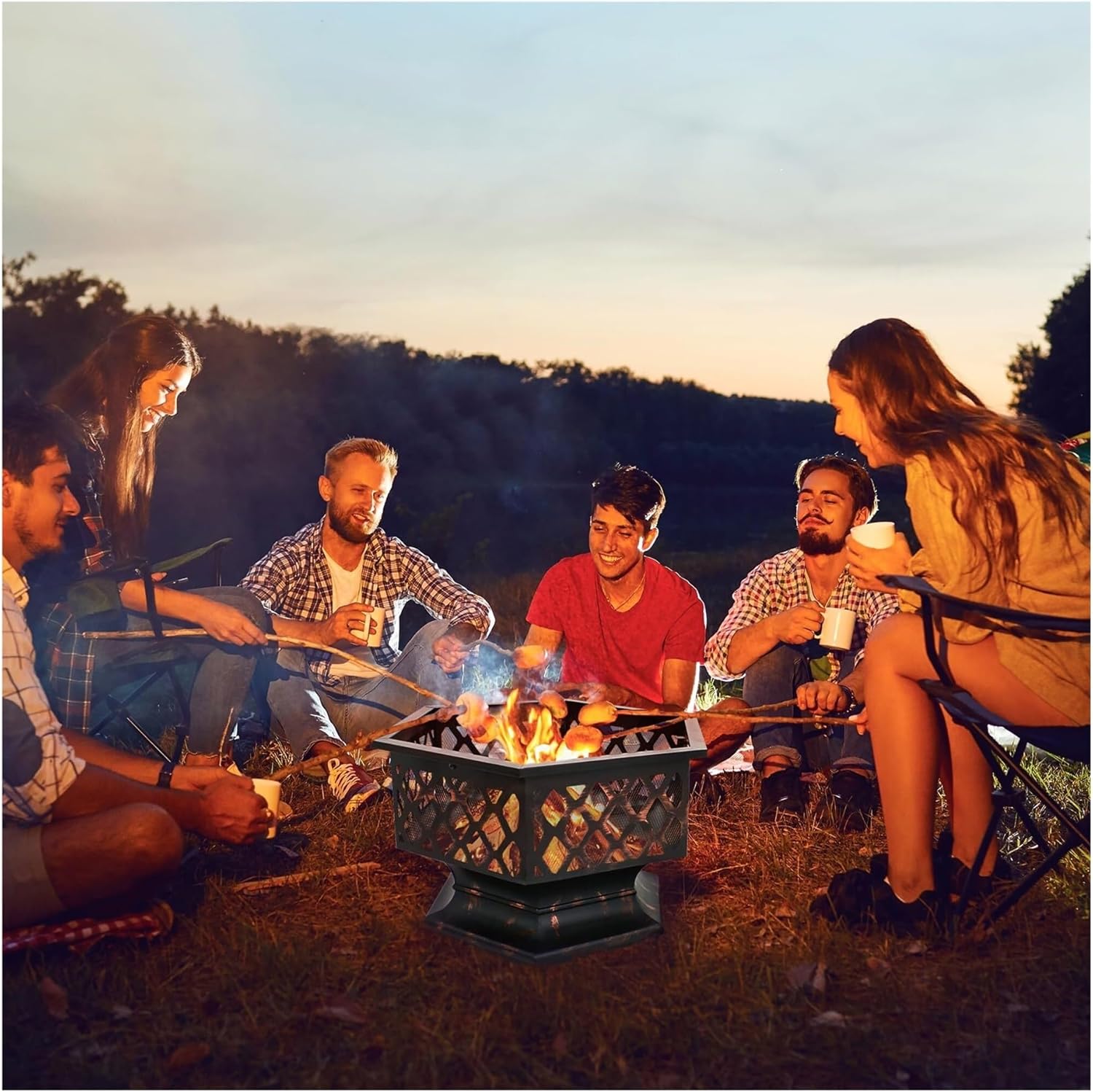 24 Inch Hexagon Outdoor Fire Pit with Mesh Screen Deep Steel Fire Bowl for Wood Burning Backyard Patio Camping and Outdoor Gatherings