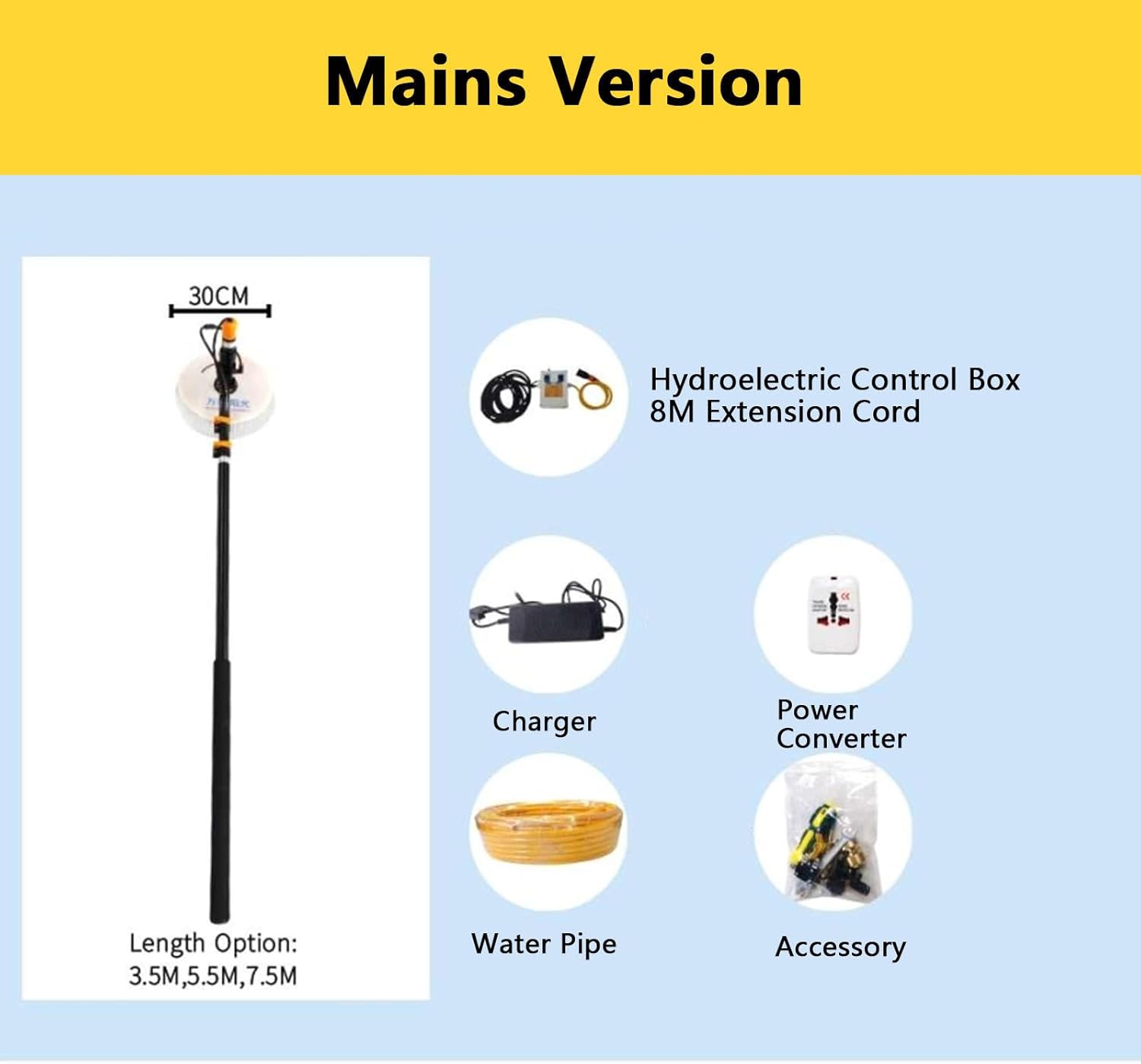 Photovoltaic Panel Cleaning Brush-Single Head Spin,3.5m/5.5m/7.5m Extendable Pole Brush,Solar Photovoltaic Panel Cleaning Brush-Mains Power,Adjustable Cleaning Angle/Speed/Water Pressure,7.5M