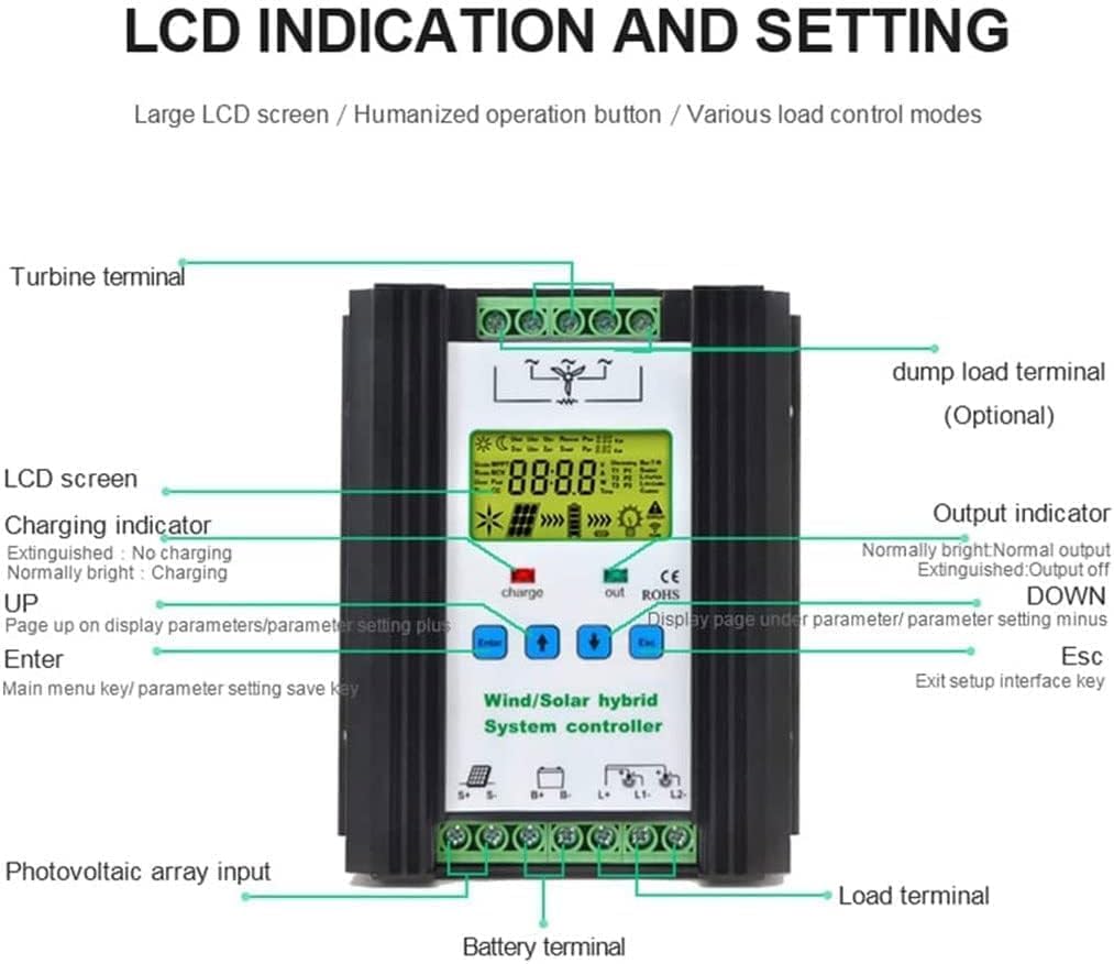 Wind Solar Hybrid Charge Controller with LCD Display 3000W,24V/48V Automatic Wind and Solar Charge Controller, 1500W Wind + 1500W Solar Wind Power Accessories Intelligent Regulator,3000W