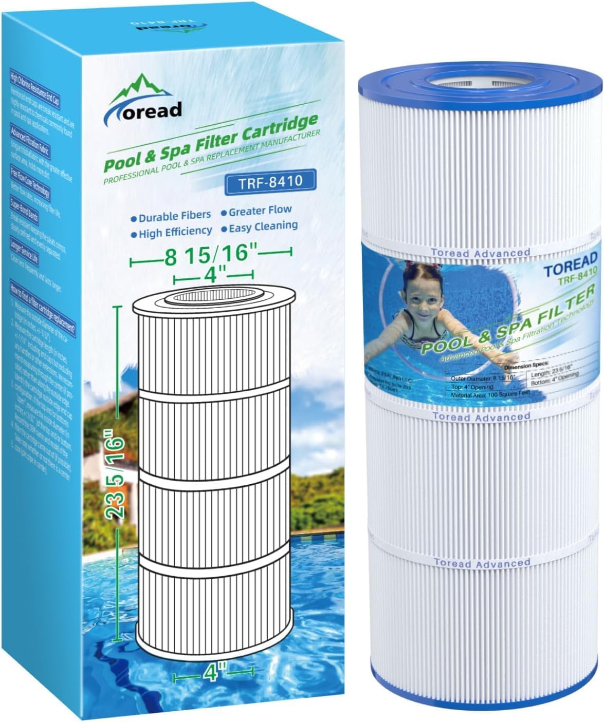 TOREAD Pool Filter Replaces Jandy CS100, R0462200, PJANCS100, Ultral-B2, Porpoise PP-B2, Unicel C-8410, Filbur FC-0821,SD-01070, AK-70041,100 Sq. Ft Pool Filter Cartridge 1 Pack