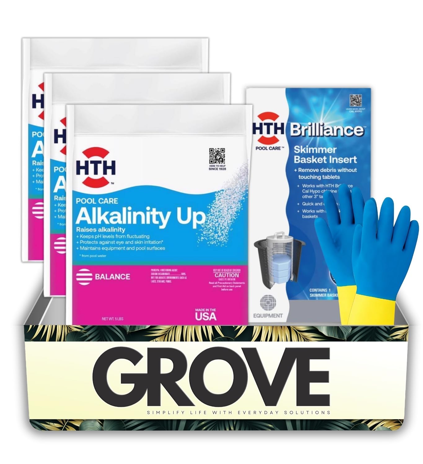 3x HTH Pool Care Granule Alkalinity Increaser for Swimming Pools 5 lb Bundle with Skimmer Basket Insert & Cleaning Gloves – Balances Pool Water and Improves Water Quality – Gift Set (5 Items)