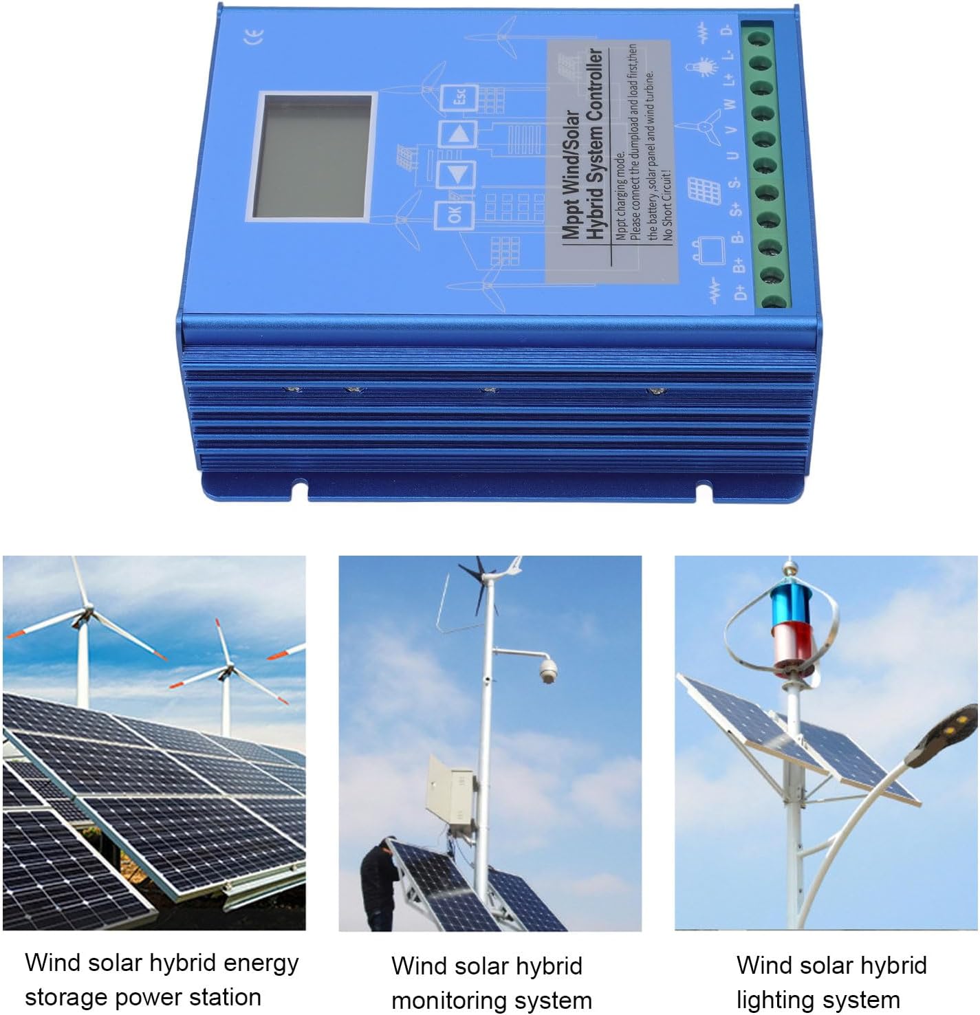 Garosa Wind Solar Hybrid Controller LCD Display MPPT Boost Charging Multifunctional 12V 24V Wind Solar Controller for Off Grid Power System Aluminum Heat Dissipation and Self Cooling