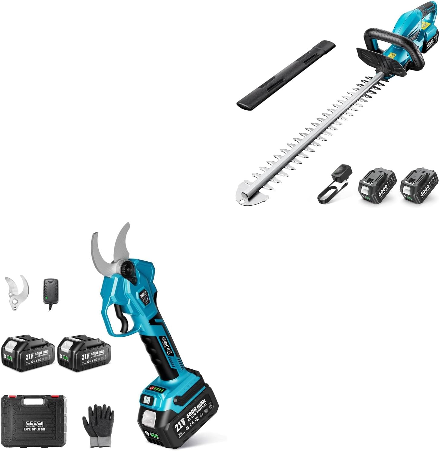 SEESII Cordless Hedge Trimmer for Garden: Electric Handheld Bush Trimmer+SEESII Electric Pruning Shears Cordless: 1.6