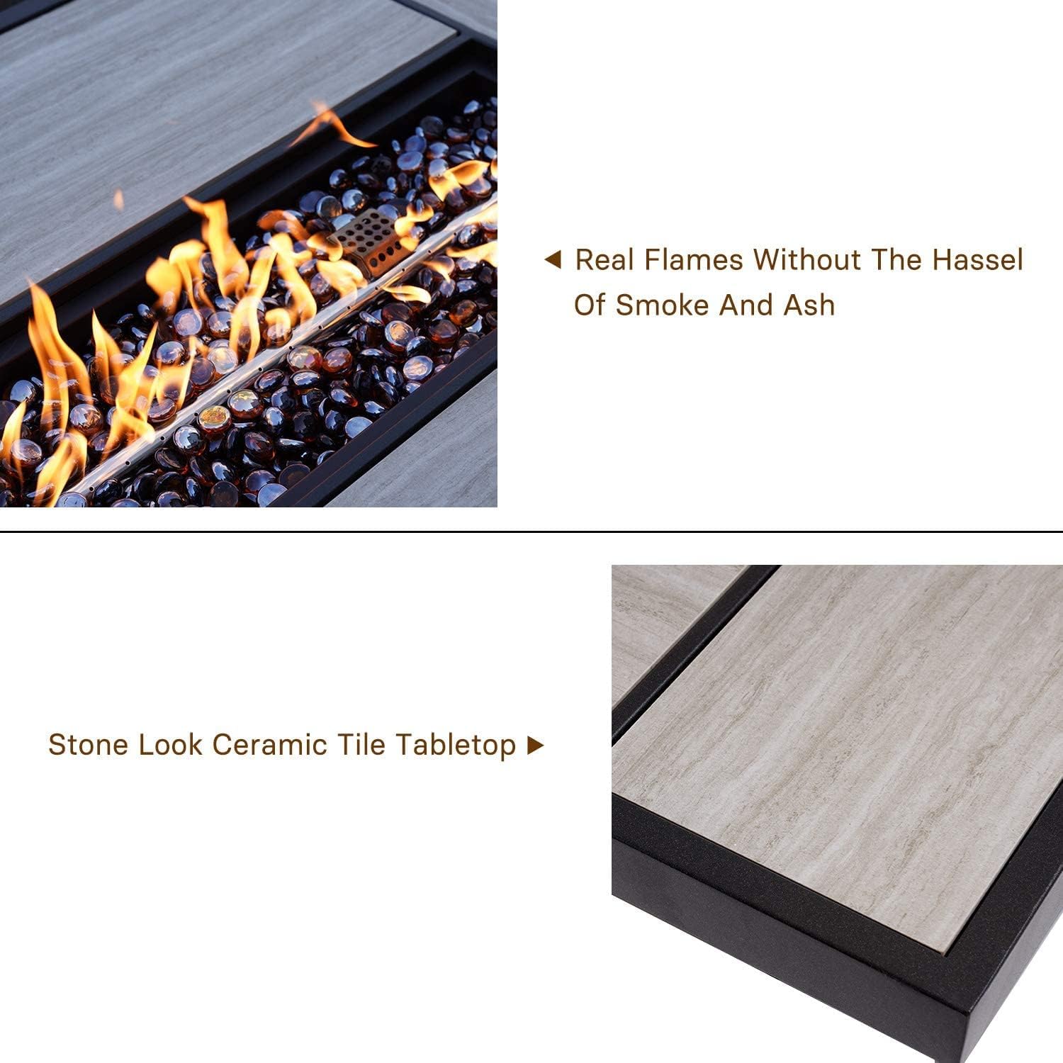 Grand patio Rocking Chair Set of 3, Rectangular Propane Fire Pit Table with Resin Wicker Base and Ceramic Tabletop, Royal Rocking Chairs with Padded Cushion and Faux Woodgrain Base