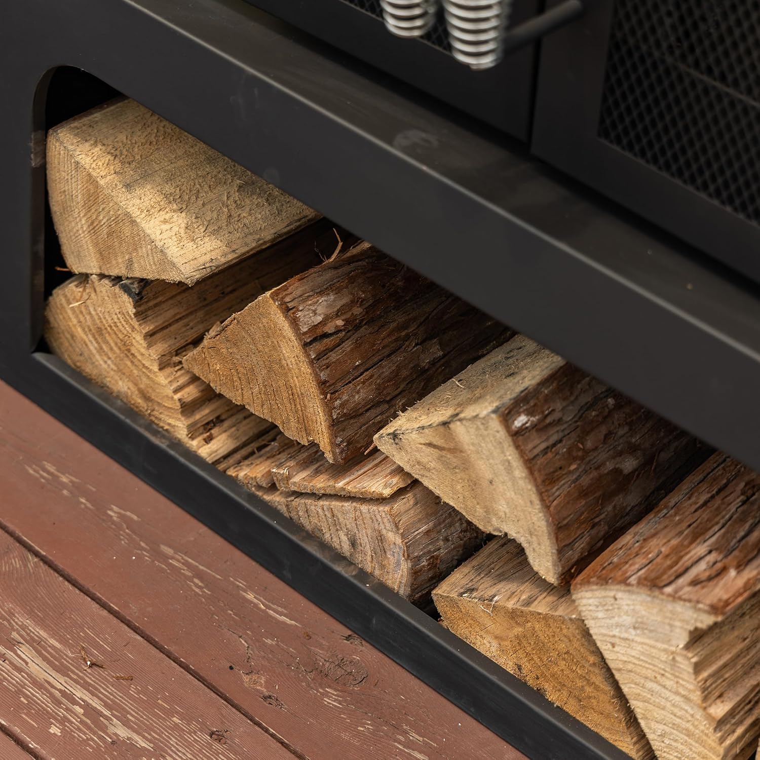 70 Inch Rectangular Outdoor Steel Woodburning Fireplace with Side Tables - Integrated Log Storage and Log Poker