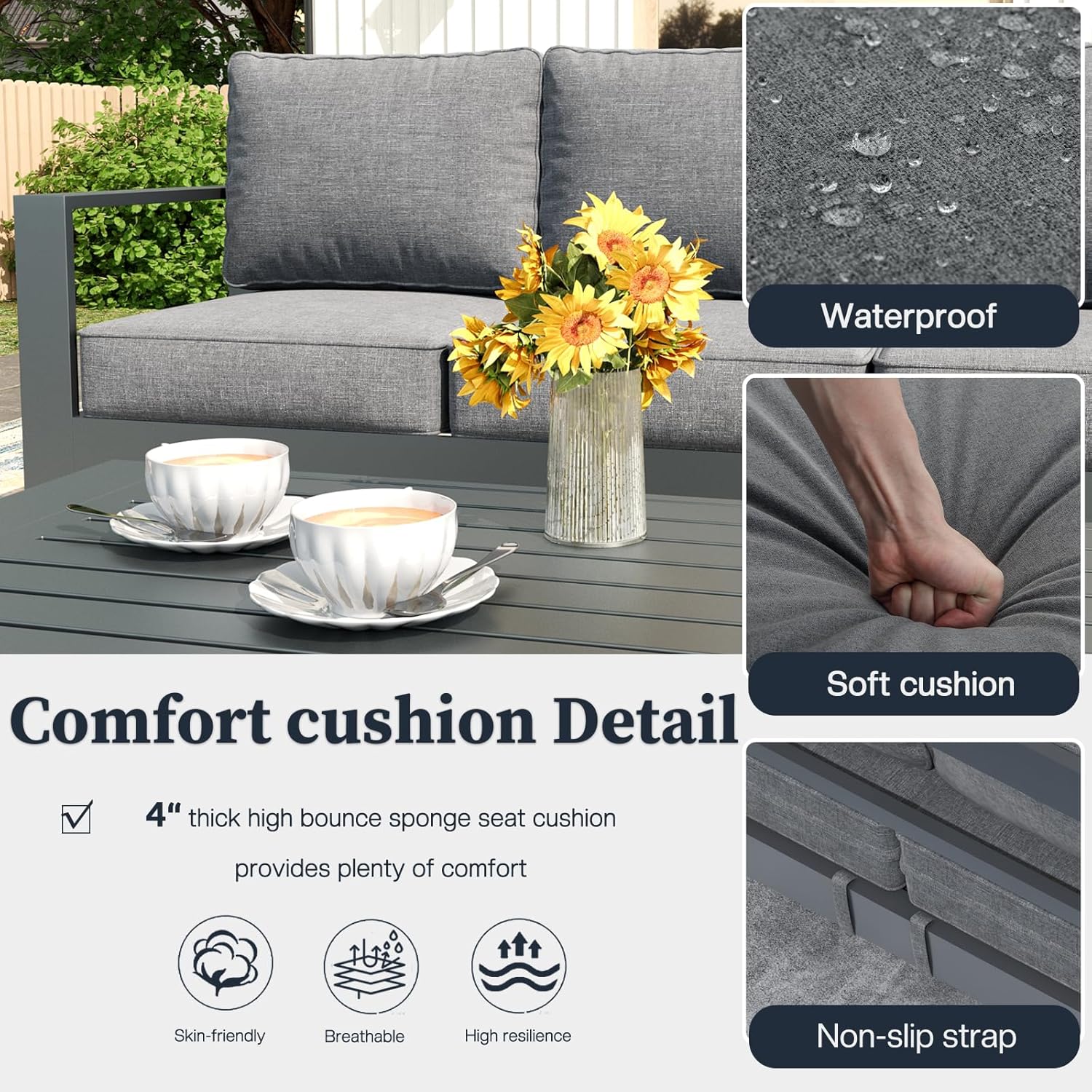 5 Piece Modern Aluminum Patio Furniture Set with Fire Pit Table, Outdoor Patio Sectional Conversation Metal Seating Sets with Olefin Cushion