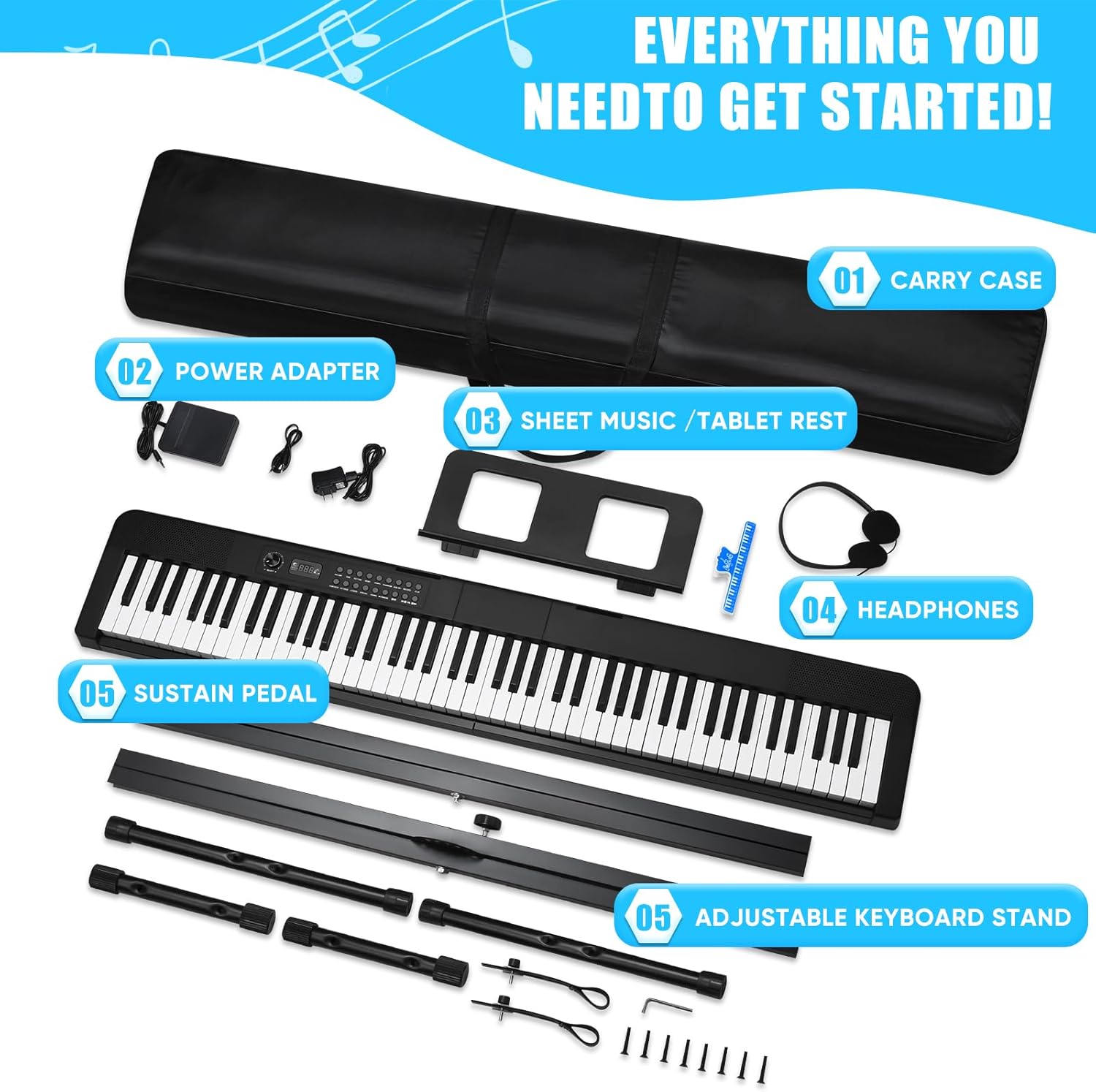 88 Key Keyboard Piano, Semi Weighted Electronic Digital Piano with Music Stand, Power Supply, Sustain Pedal, Stand, Bluetooth, Carrying Case, Headphones, USB-MIDI, Piano Lessons for Beginners