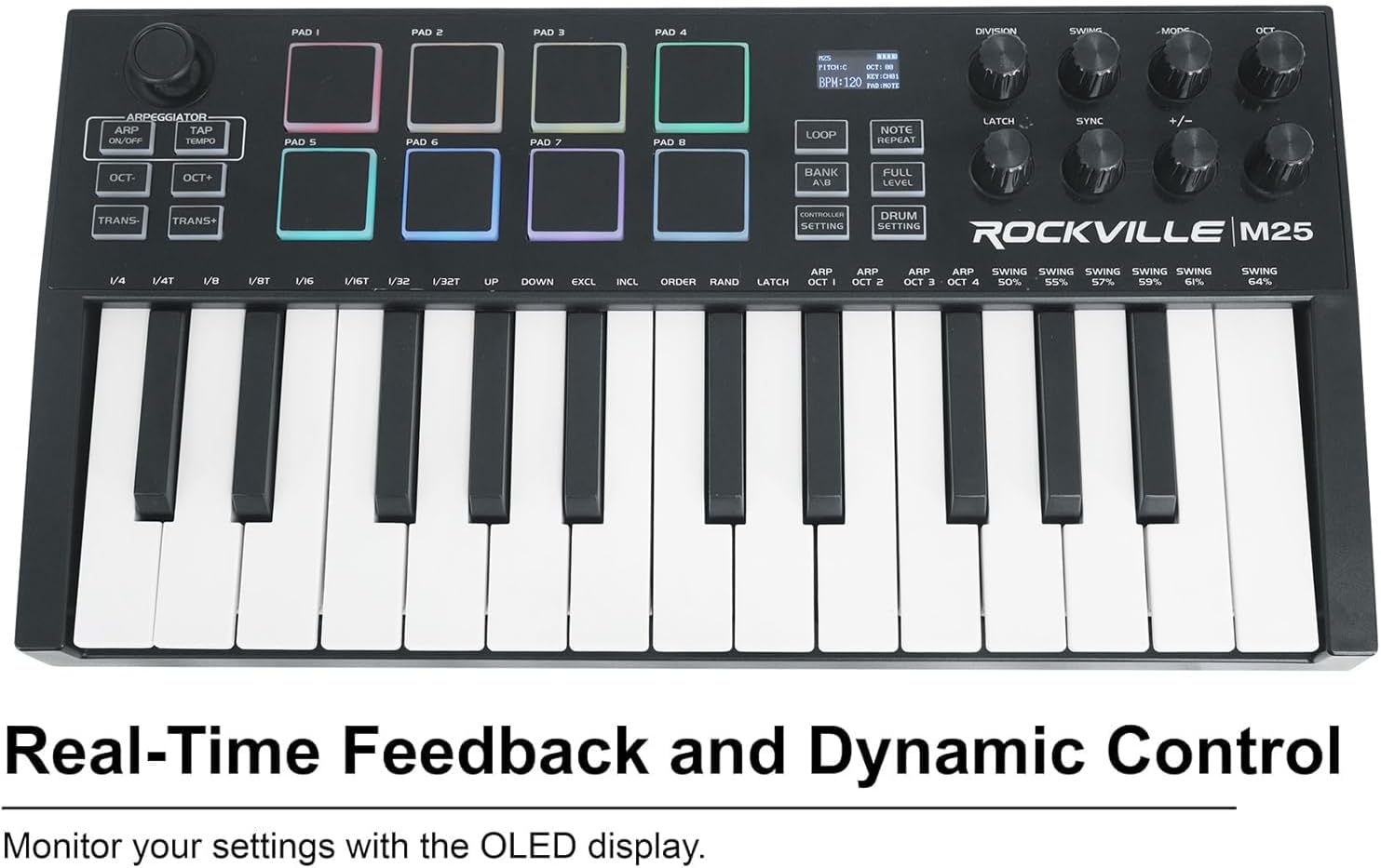Rockville M25 BLACK 25 Key USB Wireless MIDI Keyboard Controller, Bluetooth, 8 Pads and Knobs, Joystick, Arpeggiator, Compact, for Music Production