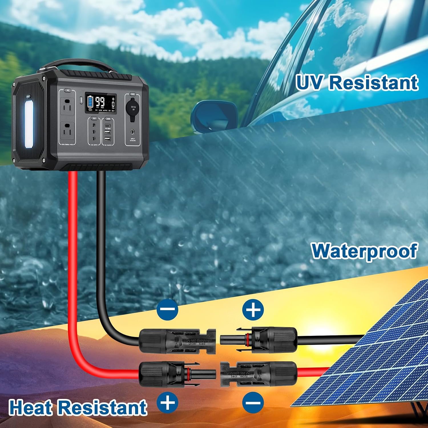 10AWG Solar Extension Cable 50FT – 2 Pack Red & Black PV Wire with Solar Connectors, 84-Strand Tinned Copper, Dual XLPE Insulated, Outdoor UV-Resistant Cable for RV, Inverter, Battery