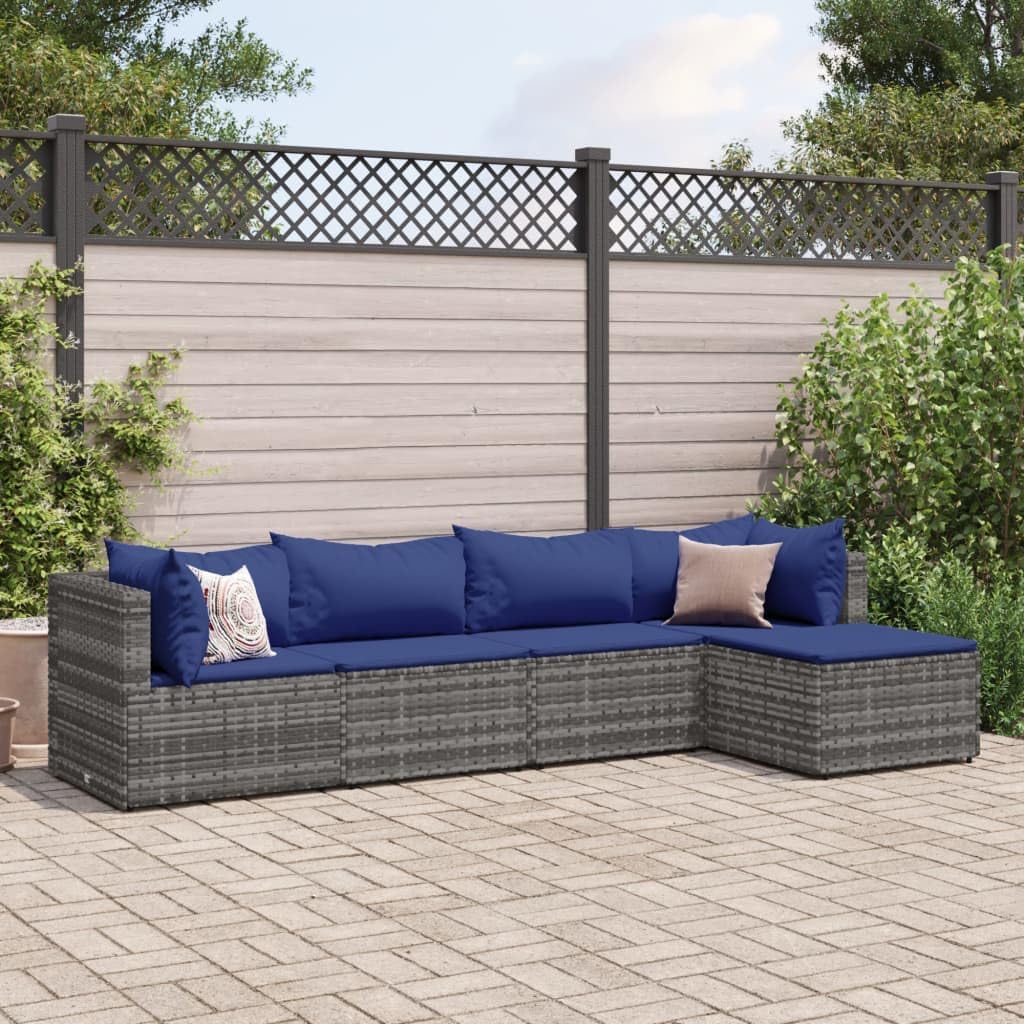 5 Piece Patio Lounge Set with Cushions Gray Poly Rattan,Modular Outdoor Rattan Sofa Set with Adjustable Feet for Patio, Garden, Terrace Patio Furniture Sets, Outdoor Furniture Sets