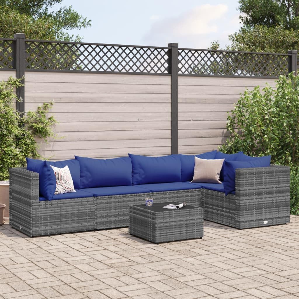 Furniture Sets 6 Piece Patio Lounge Set with Cushions Gray Poly Rattan,Rattan Patio Furniture Set with Modular Sofa, Corner Sofa, Glass Top Table and Comfortable Cushions Garden Conversation Sets