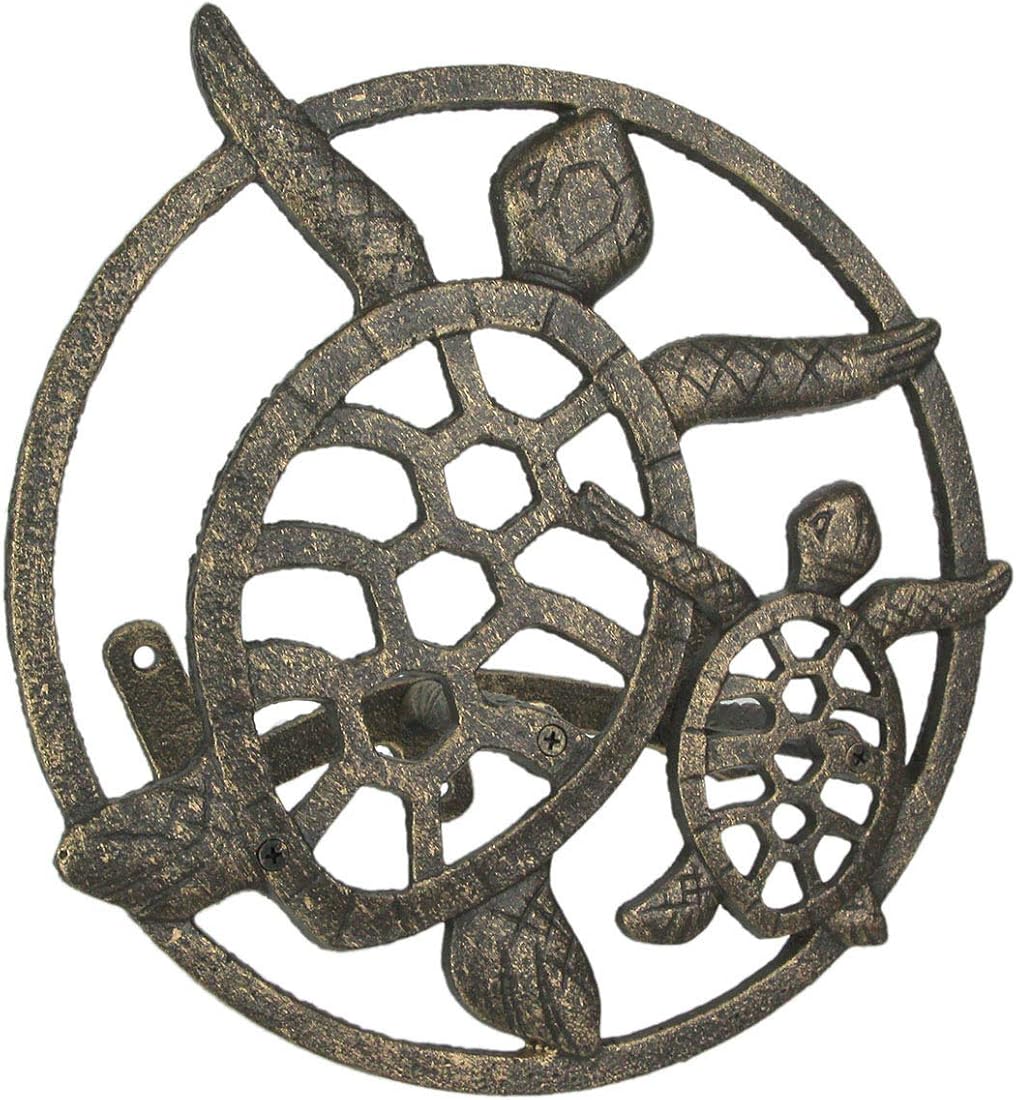 Bronze Sea Turtle Cast Iron Hose Holder: Decorative Wall-Mounted Garden Hose Hanger - Nautical Outdoor Decor Accentuating Your Space with Coastal Elegance