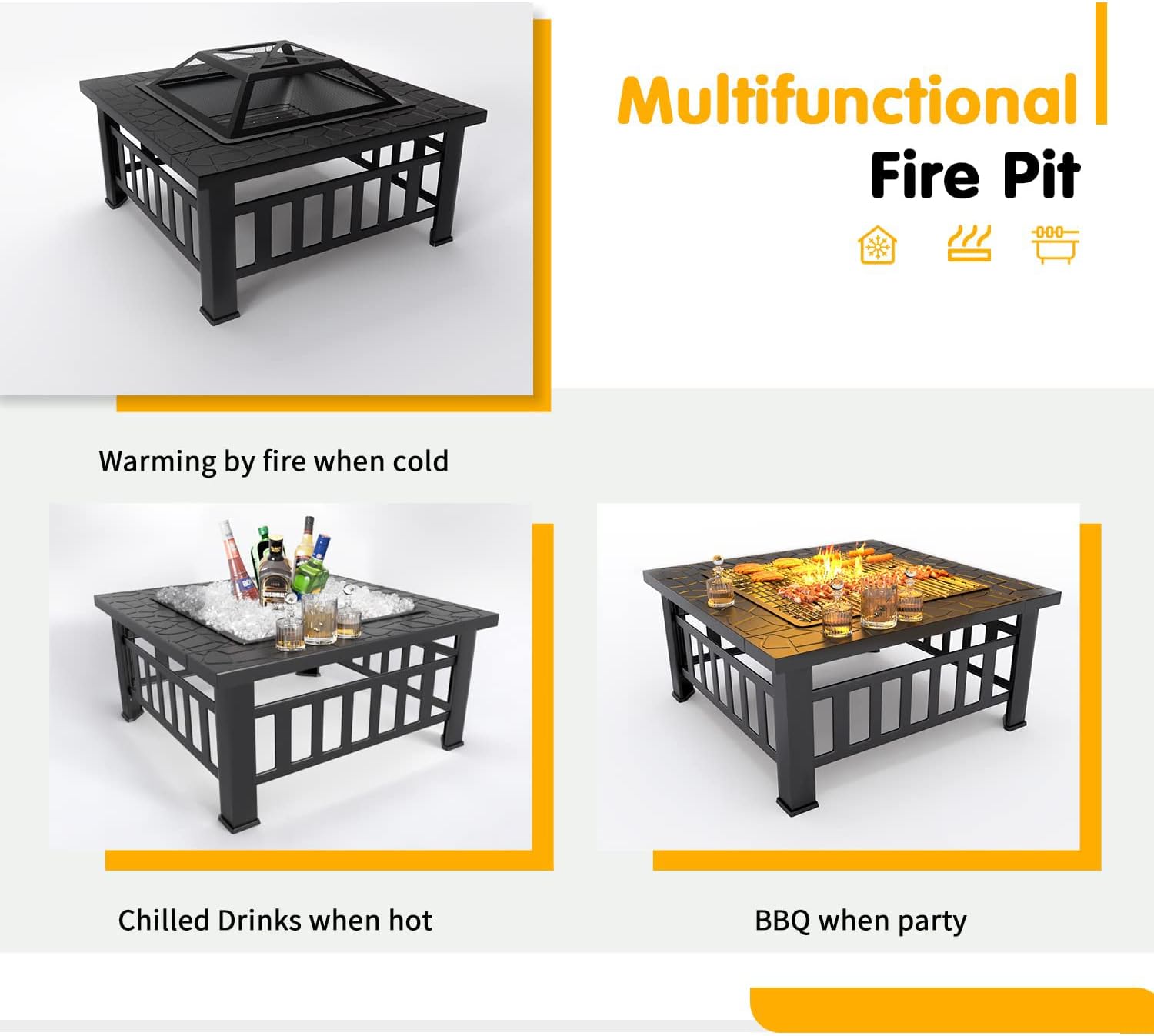 Tuoze 32-inch Fire Pits Outdoor Patio Metal Multifunctional Firepit Table with Waterproof Cover for Camping Bonfire Party Picnic BBQ Backyard Garden Outside Heating,black