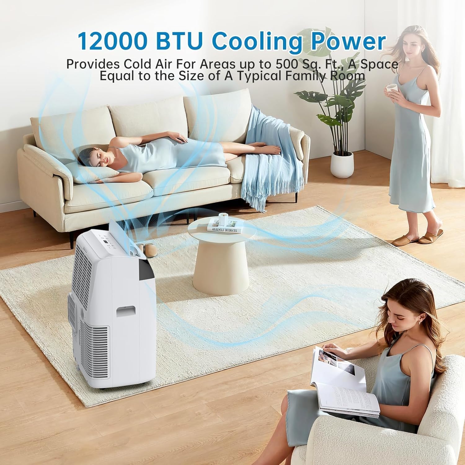 Portable Air Conditioner 12000 BTU, Cools Rooms up to 350 Sq.Ft, Adjustable Cold Wind Speeds, Quiet Timer, LED Lights, Remote Control Included, Ideal for Home, Office, and Outdoor Use