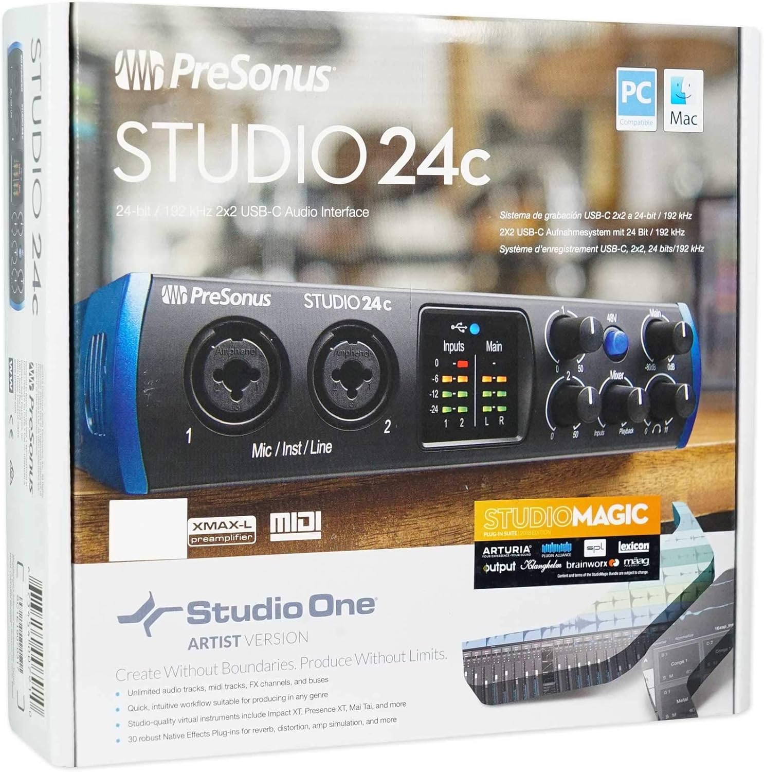 Presonus STUDIO 24C 2x2 USB-C Audio MIDI Recording Interface, 2 XMAX Mic Preamps Bundle with Rockville RCM03 Pro Recording Condenser Mic, PRO-M50 Studio Headphones and DMS40 40