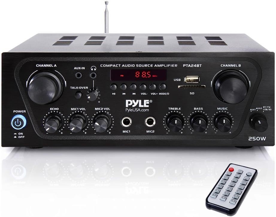 Pyle Wireless Bluetooth Stereo Receiver Amplifier, Dual Channel VHF Wireless Microphone System, 4X Pyle 3.5'' 200 Watt 3-Way Weather Proof Box Speakers - Black, 50Ft Speaker Wire - PA, Karaoke, DJ