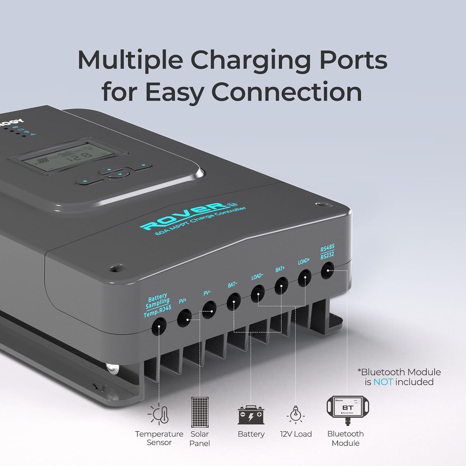 Renogy Charge Controller-Rover 60A MPPT 12V/24V/36V/48V Auto-Detect LCD Display | 99.9% Efficiency for Gel/Flooded/Lithium Batteries | Dual-Peak Tracking & Modbus Support (60A 12V/24V/36V/48V)