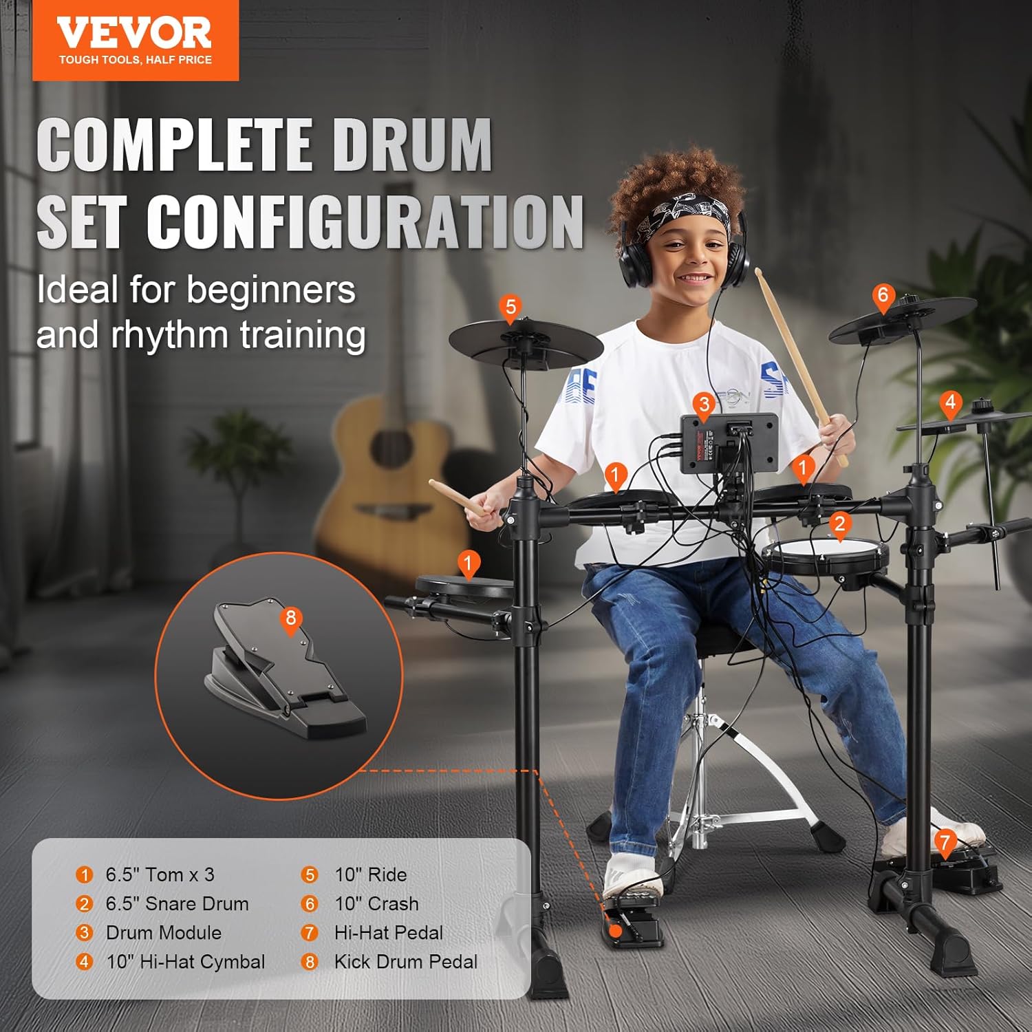 VEVOR Electric Drum Set, 15 Drum Kits & 150 Sounds Electronic Drum Kit, USB MIDI Supported 6.5 in Quiet Mesh Snare Electric Drum Set with 10 in Cymbals Drum Sticks & Headphone, for Beginners & Adults