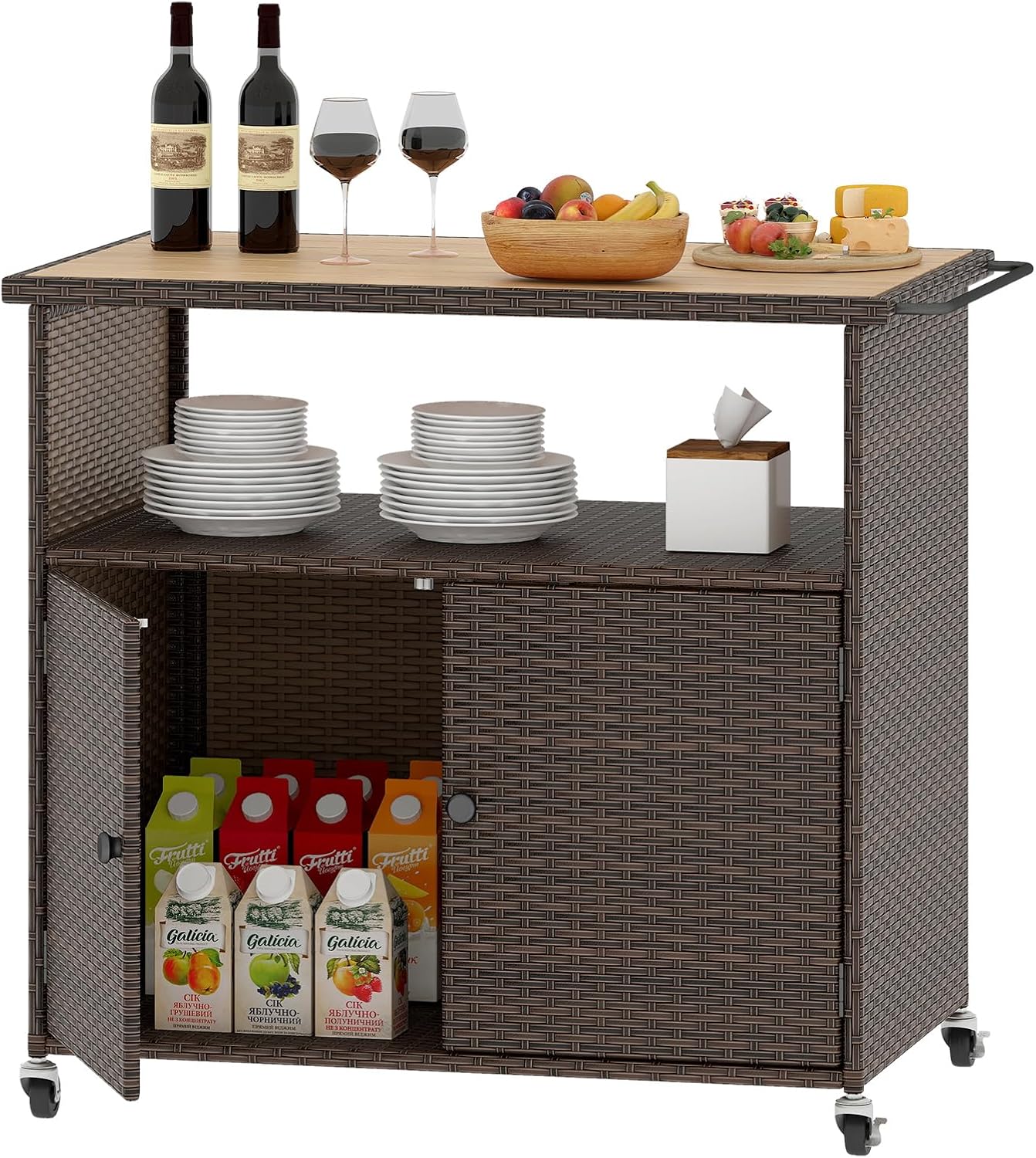 Tangkula Rattan Outdoor Storage Cabinet, Patiojoy PE Wicker Outdoor Cabinet with Acacia Wood Countertop, Open Compartment, Storage Shelf, Outdoor Bar with 4 Wheels for Garden Backyard Deck