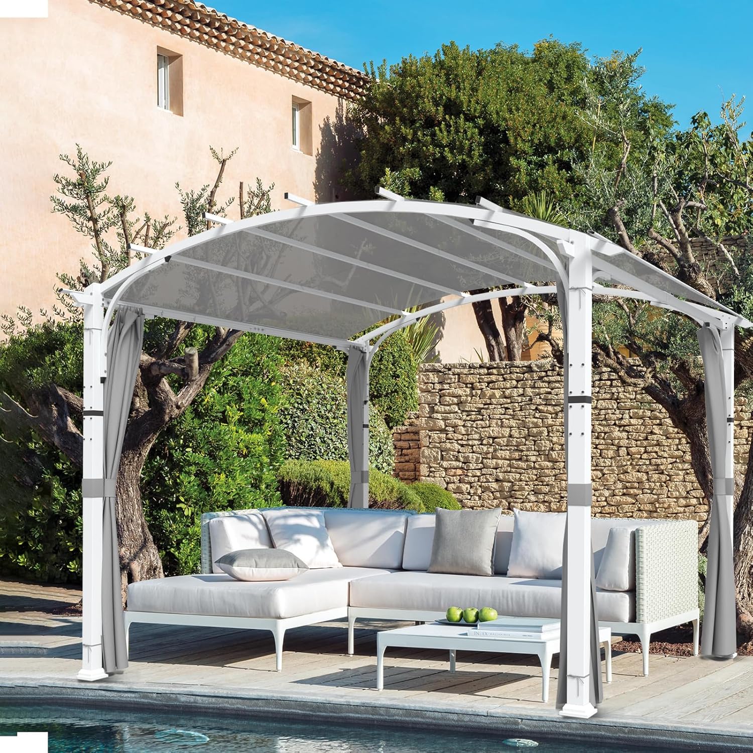 COOS BAY Outdoor Pergola Gazebo, 11x11 ft Patio Metal Sunshelter with Sidewall, Arched Roof, Textilene Canopy Shade for Backyard, Garden, Poolside, Gray