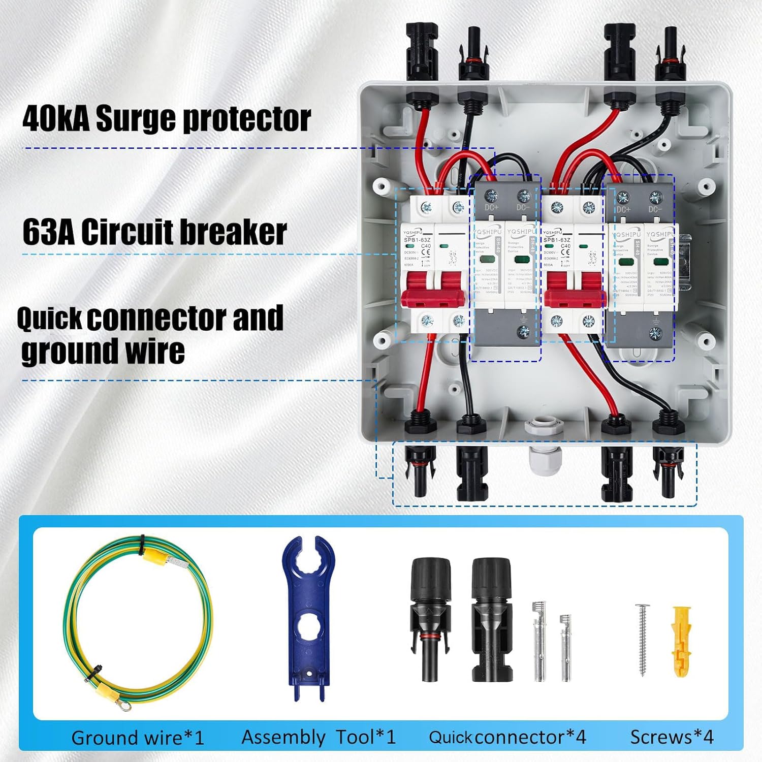 2 String 1000V Solar Disconnect Switch PV Combiner Box, 63A DC Circuit Breaker Box with Surge Protector and Solar Panel Connectors, IP65 Waterproof Plug-and-Play
