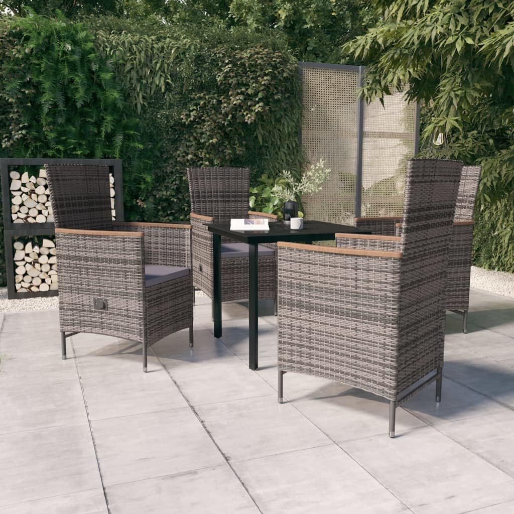 5 Piece Patio Dining Set with Cushions Gray,Outdoor Patio Dining Set with Reclining Rattan Chairs and Acacia Wood Table Patio Furniture Sets, Outdoor Furniture Sets
