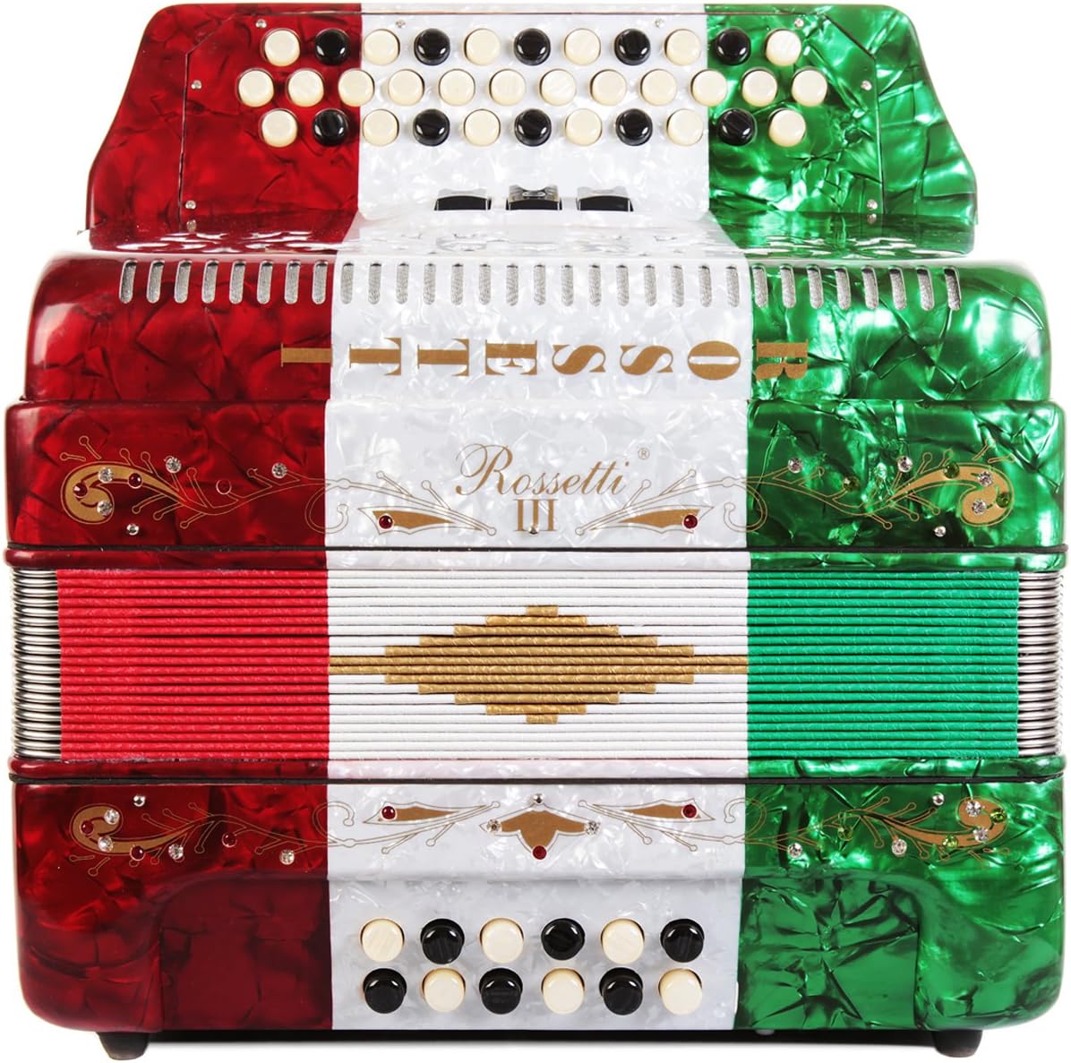 Rossetti 34 Button Accordion 12 Bass 3 Switches GCF Mexican Flag
