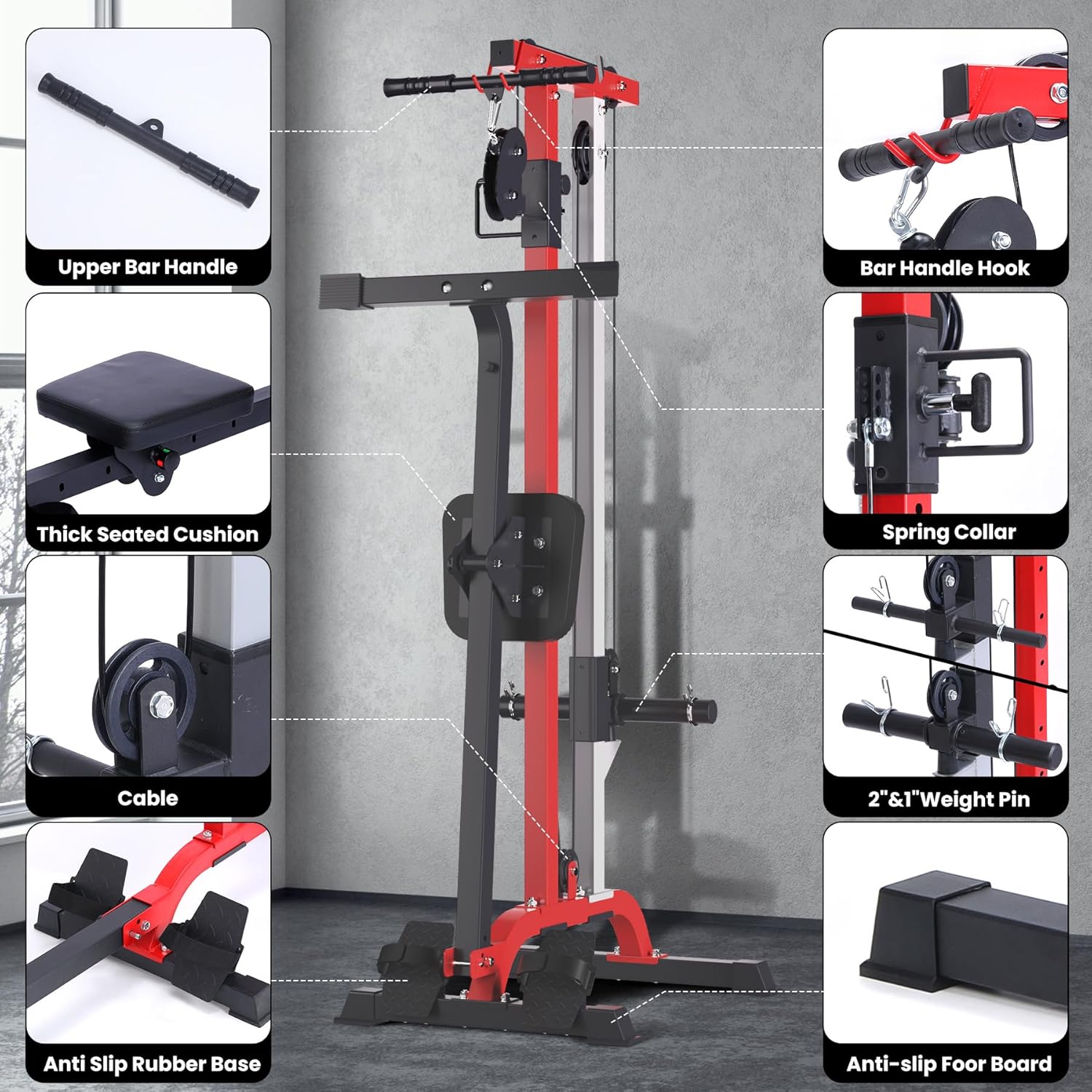 2 in 1 Rowing & Cable Machine, LAT Pull Down with Adjustable Weight and Seat, High and Low Pulley Station, LAT Bar and Cable Bar Multi-Function Compact Rowing Machine for Home Gym