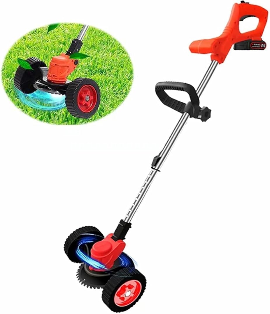 Cordless Weed Wacker with Wheel Electric ELD Lawn Mower Rechargeable Lawn Mower Suitable for Farms and Pastures, Red
