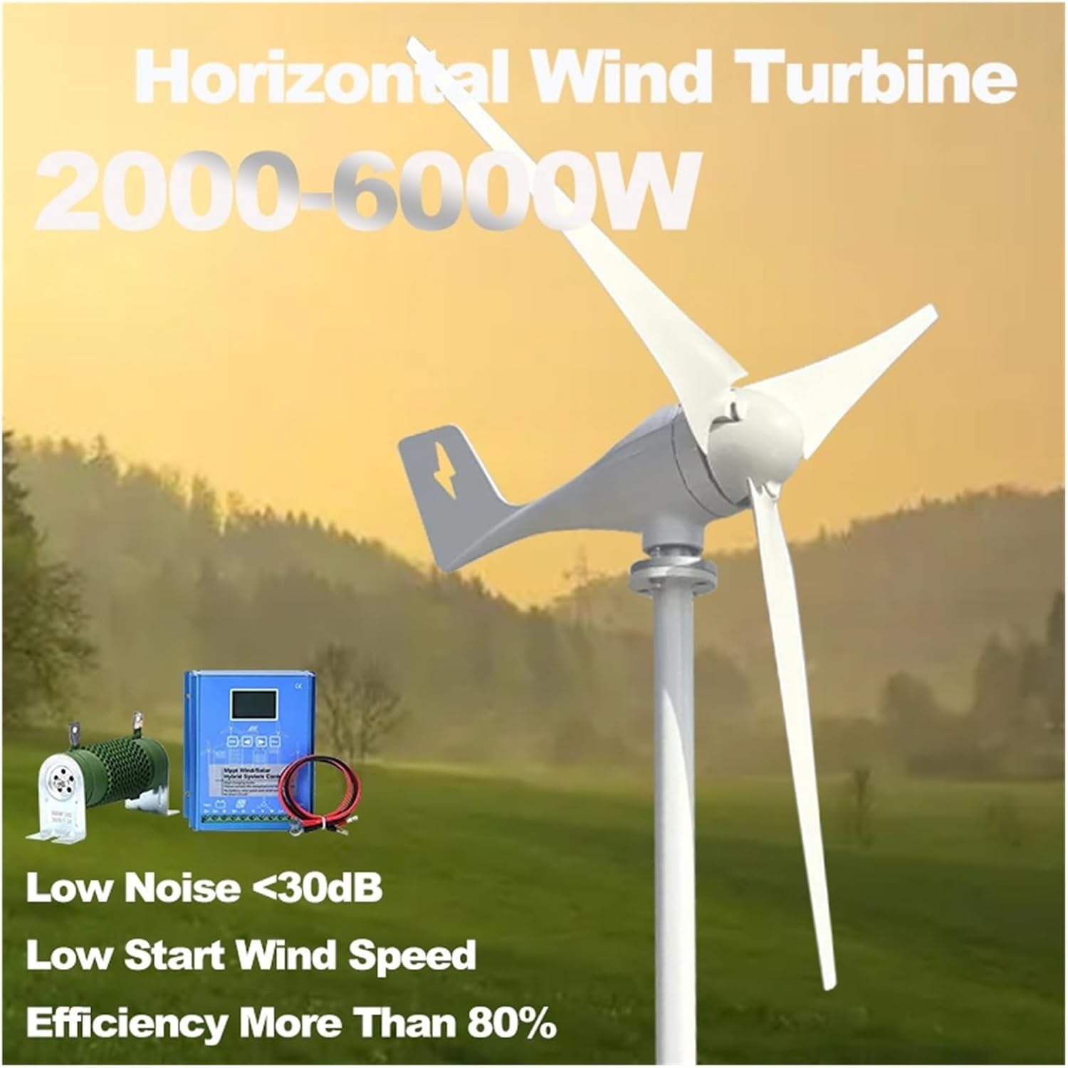 7kw Horizontal Wind Turbine Generator 24V 48V 96V Magnetic Dynamo Strong Power Inverter Output for Home Low Starting Speed for Home(Wind Turbine only,24V_5000W)