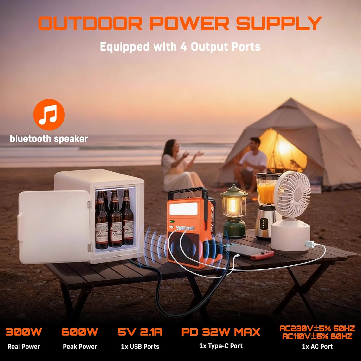 300W Power Inverter with Bluetooth Speaker, Battery Inverter for Makita 18V Battery with 21V 4.0Ah Battery Included, 110V AC Outlet, 1 × USB 3.0 Port, 32W PD Type-C, LED Light for Camping & Emergency