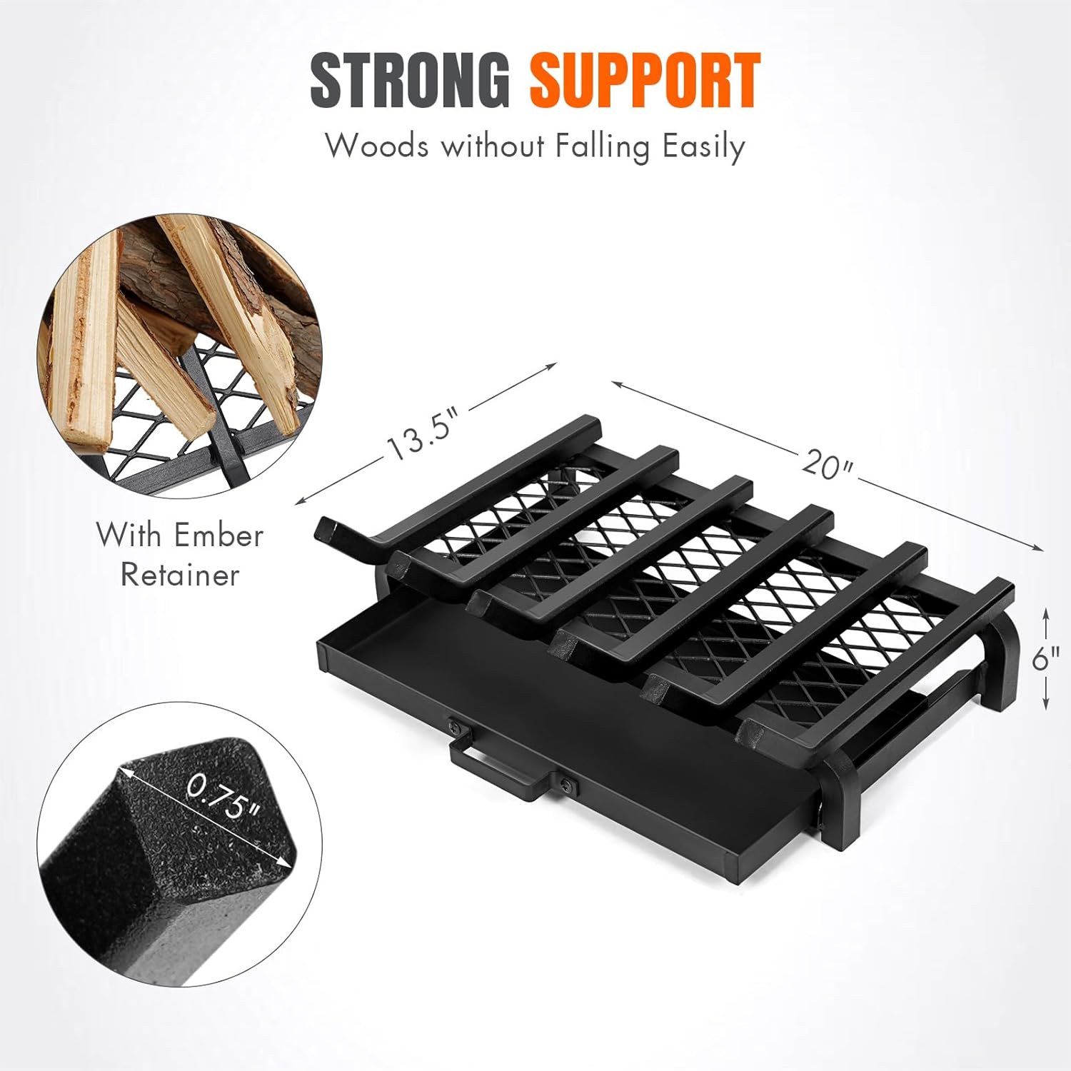 Fireplace Grate 20 Inch- Wood Stove Fireplace Log Grates with Ember & Ash Trays Pan, Heavy Duty Wrought Cast Iron Rack Holder Pit for Indoor Outdoor Chimney Hearth