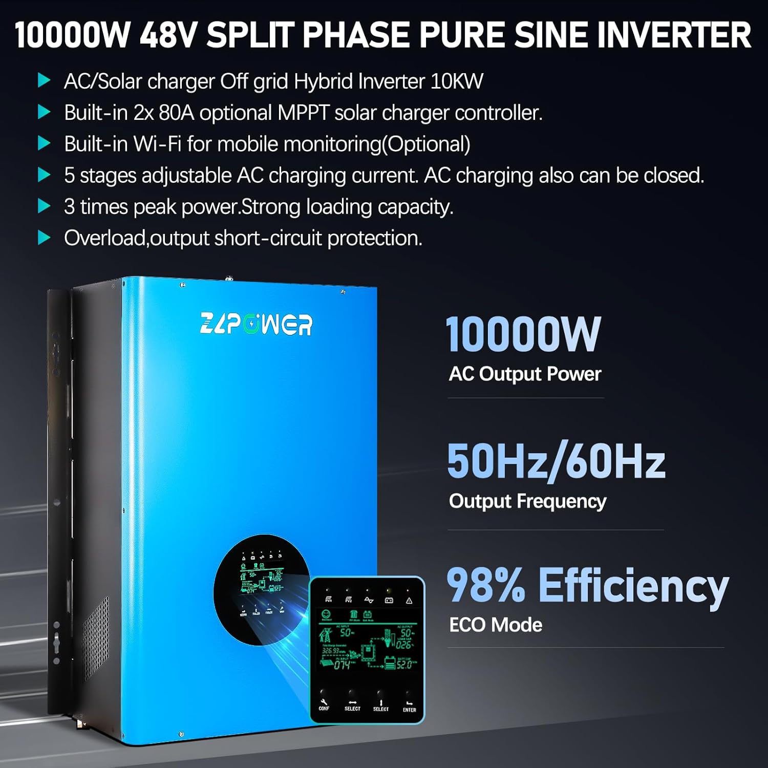 ZLPOWER UL1741 10000W 48V Solar Inverter,Built-in 2 MPPTs,Peak Power 30000W Split Phase Pure Sine Wave Power Inverter AC Input 240V,Output 120V/240V,Heavy Duty Inverter for Home (WiFi and BMS COMM)