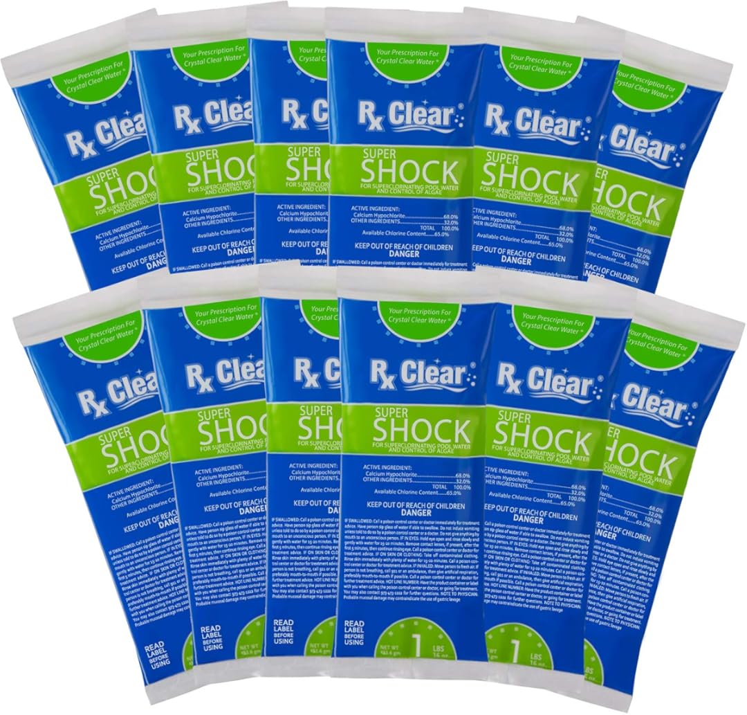 Rx Clear Super Shock for Swimming Pools | Chlorinator and Algaecide | 68% Calcium Hypochlorite Shock | Kill Pool Algae for a Crystal Clear Pool | One Pound Bags | 12 Pack