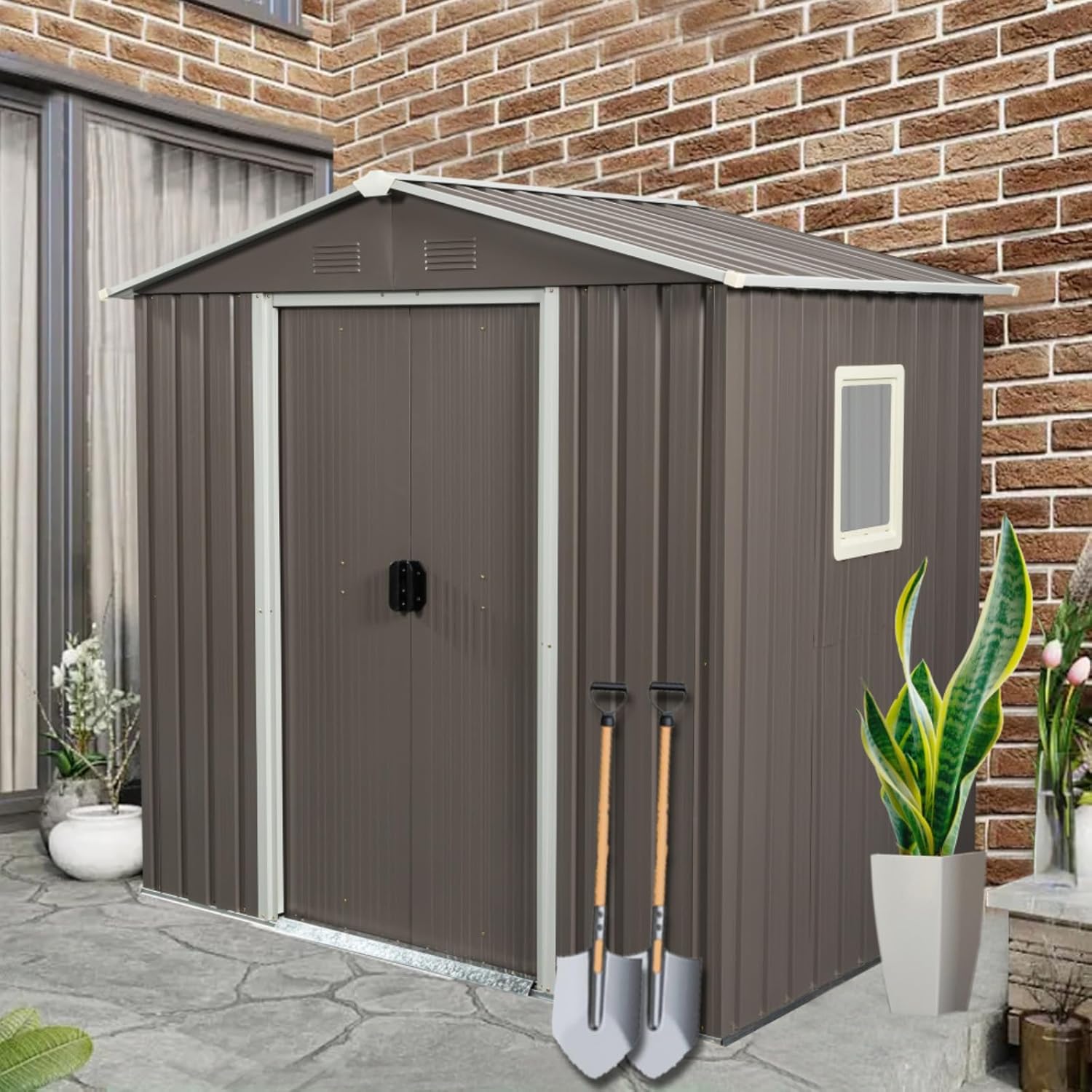 6ft x 5ft Outdoor Metal Storage Shed for Garden & Backyard, Patio, Lawn, Multi-Functional Storage Shed with Lockable Sliding Doors and Window, Metal Tool House, Gray