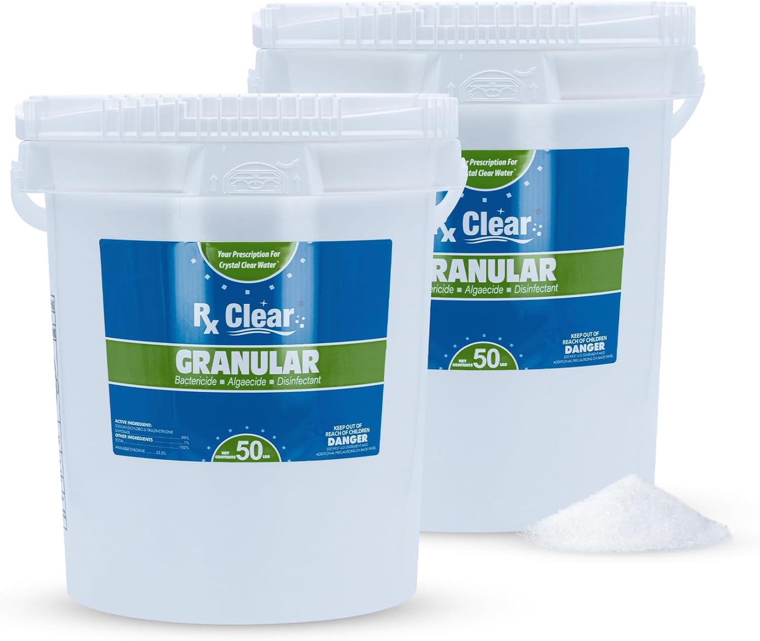 Rx Clear 100 lbs Granular Pool Chlorine | Use As Bactericide, Algaecide, & Disinfectant in Swimming Pools, Hot Tubs, & Spas | Stabilized, Fast Dissolving & UV Protected (2 x 50 Pound Buckets)