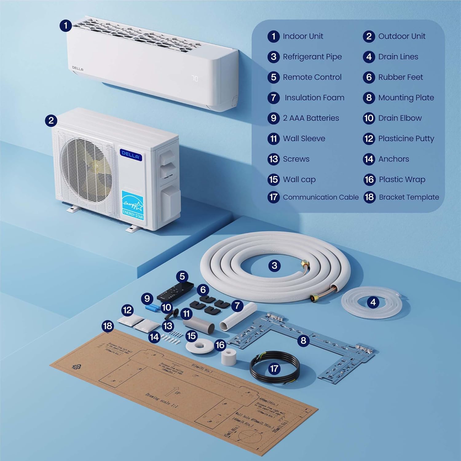 DELLA Hyper Heat Lower as -13℉ 12,000 BTU WiFi Mini Split,Work with Alexa,Energy Star 115V 23 SEER2,Cools Up to 550 Sq. Ft,Inverter AC with 1 Ton Pre-Charged Heat Pump & 16.4ft Installation Kits