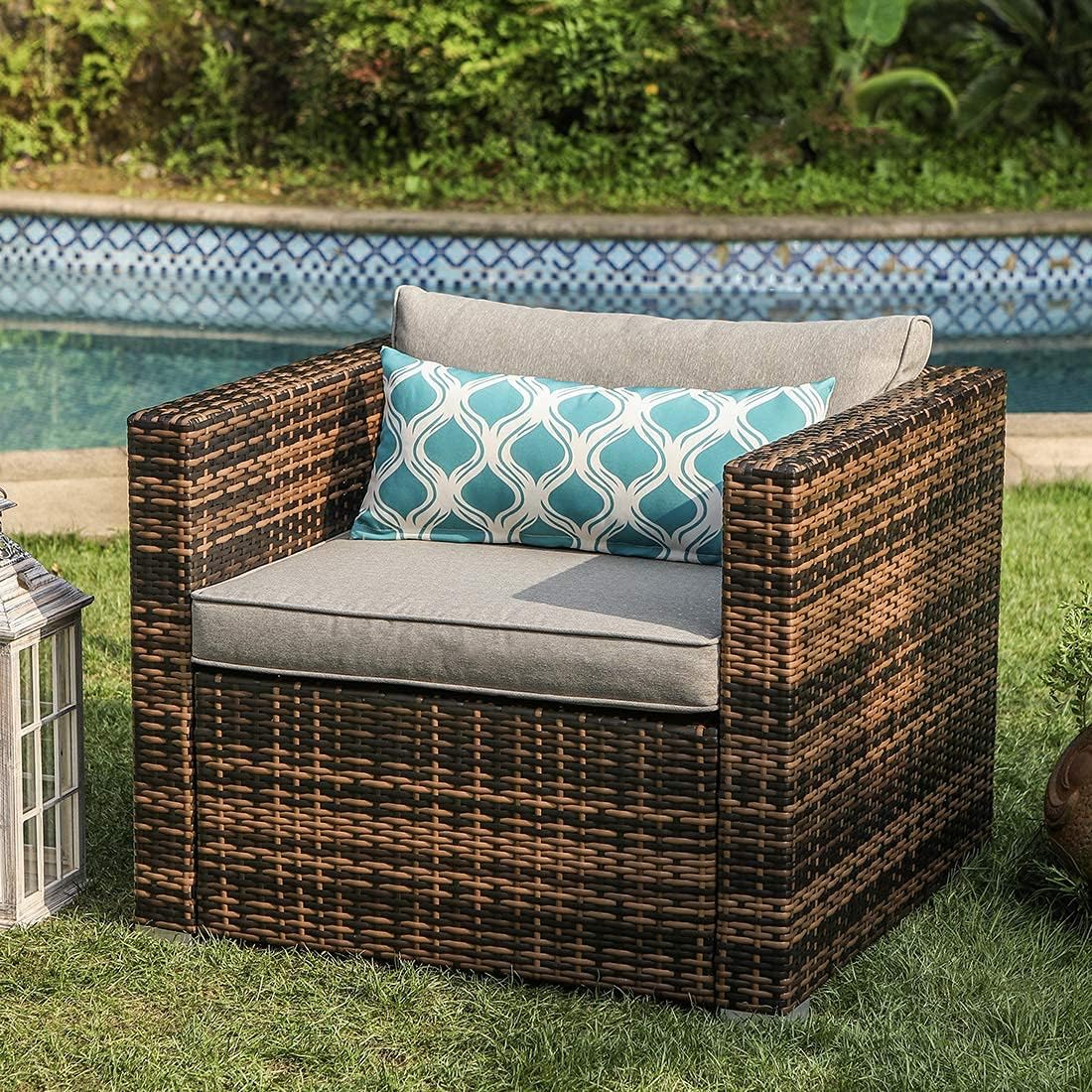 COSIEST 6-Piece Outdoor Furniture All-Weather Mottlewood Brown Wicker Sectional Sofa w Warm Gray Thick Cushions, Glass-Top Coffee Table, 1 Teal Pattern Pillows Incl. Clips