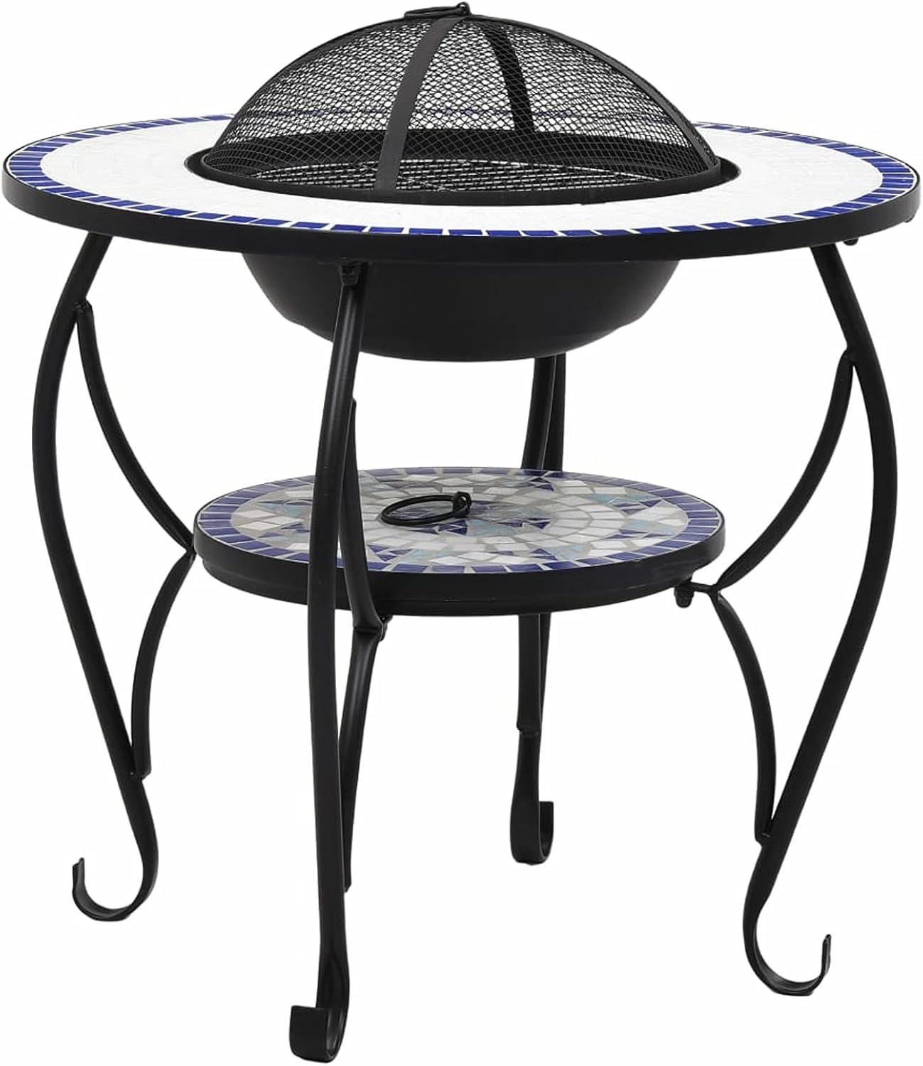 Mosaic Fire Pit Table, Ceramic Round Surface for Outdoor Heating and Barbecue, Blue and White, 26.8 Inch, Steel and Ceramic, for Garden or Patio