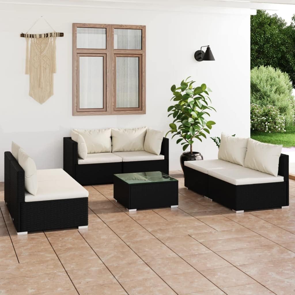7 Piece Garden Lounge Set with Cushions Poly Rattan Black,AllWeather Outdoor Patio Lounge Set with Modular Design for Versatility and Comfort Patio Furniture, Outdoor Furniture Sets