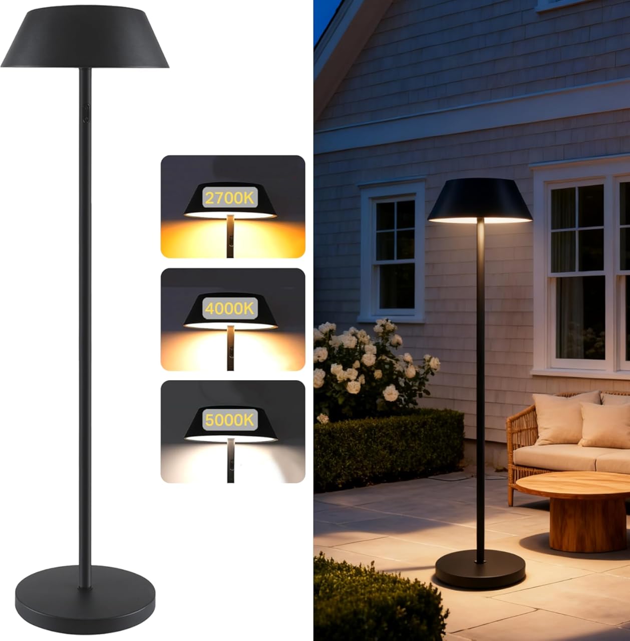 Outdoor Solar Powered Floor Lamp for Patios, Decks, Outdoor Living Spaces, Reading - Tall, Ultra Bright, Cordless, 3 Different Light Colors, IP65, Charge Battery by Solar or Type-C