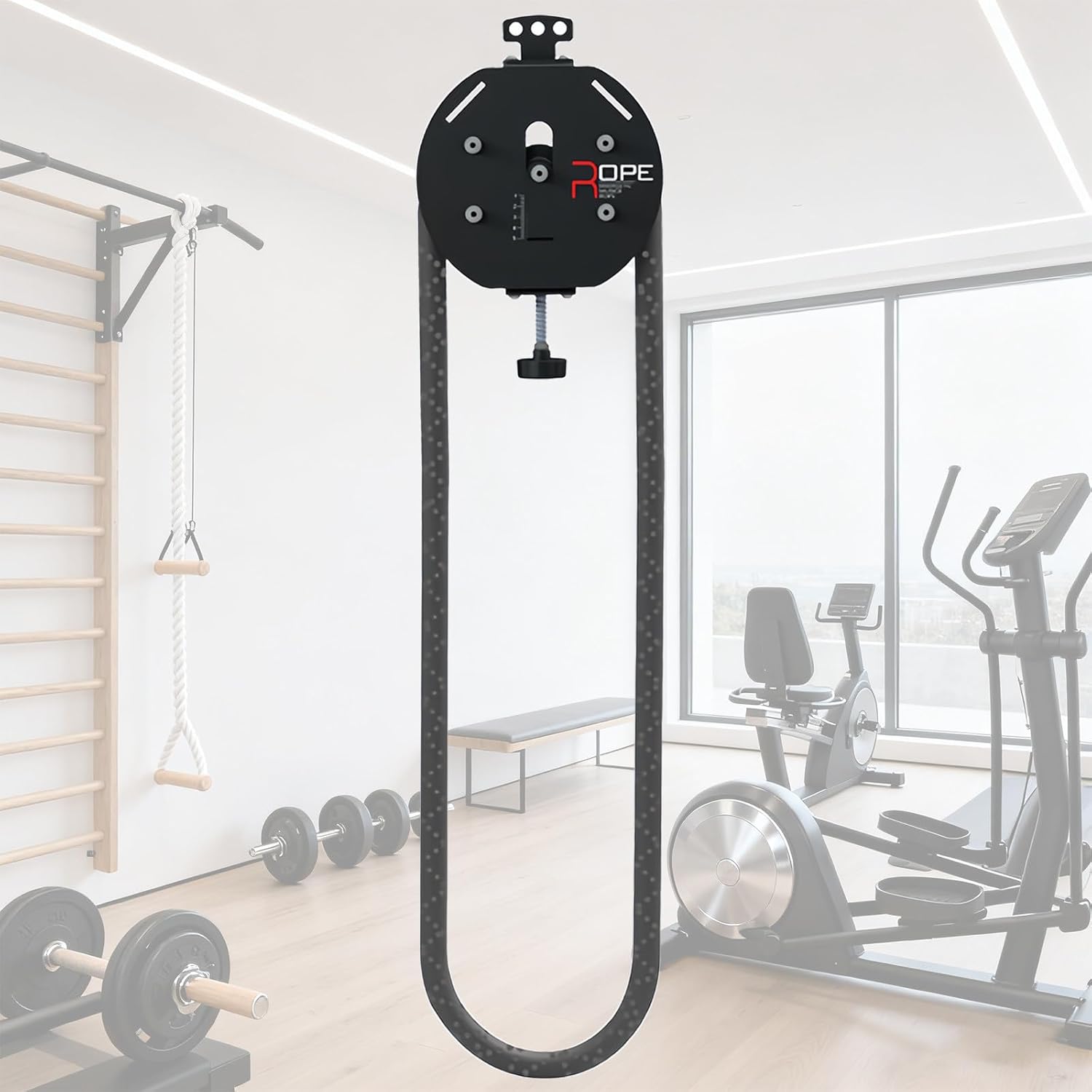 Fitness Rack Mounted Endless Rope Pulley System, Steel Drum Mounts on Upright, 14Ft Closed-Loop Nylon Rope, Home Gym Infinity Rope for Interval Resistance Training (with Strap & Buckles) Black