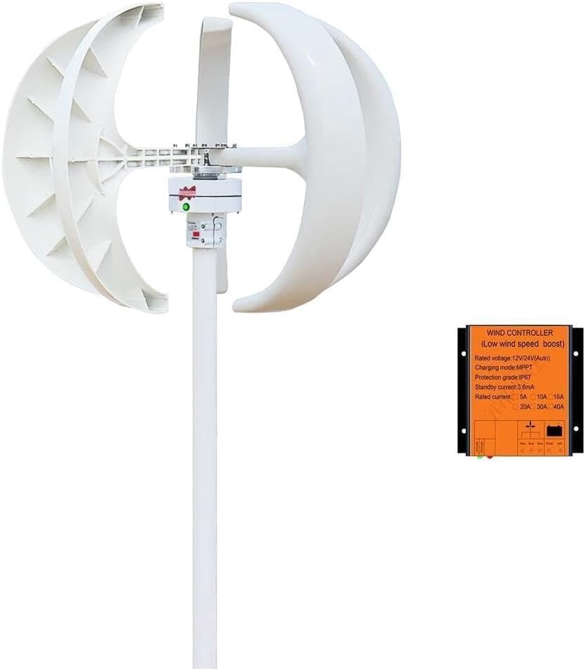 Wind Turbine Generator Kit, Low Speed 2M/S 12V 24V AC 400W Vertical Wind Turbine Generator Home Windmill Kit MPPT Controller for BOAD Light Battery for Hybrid Solar Wind System(White,12V)