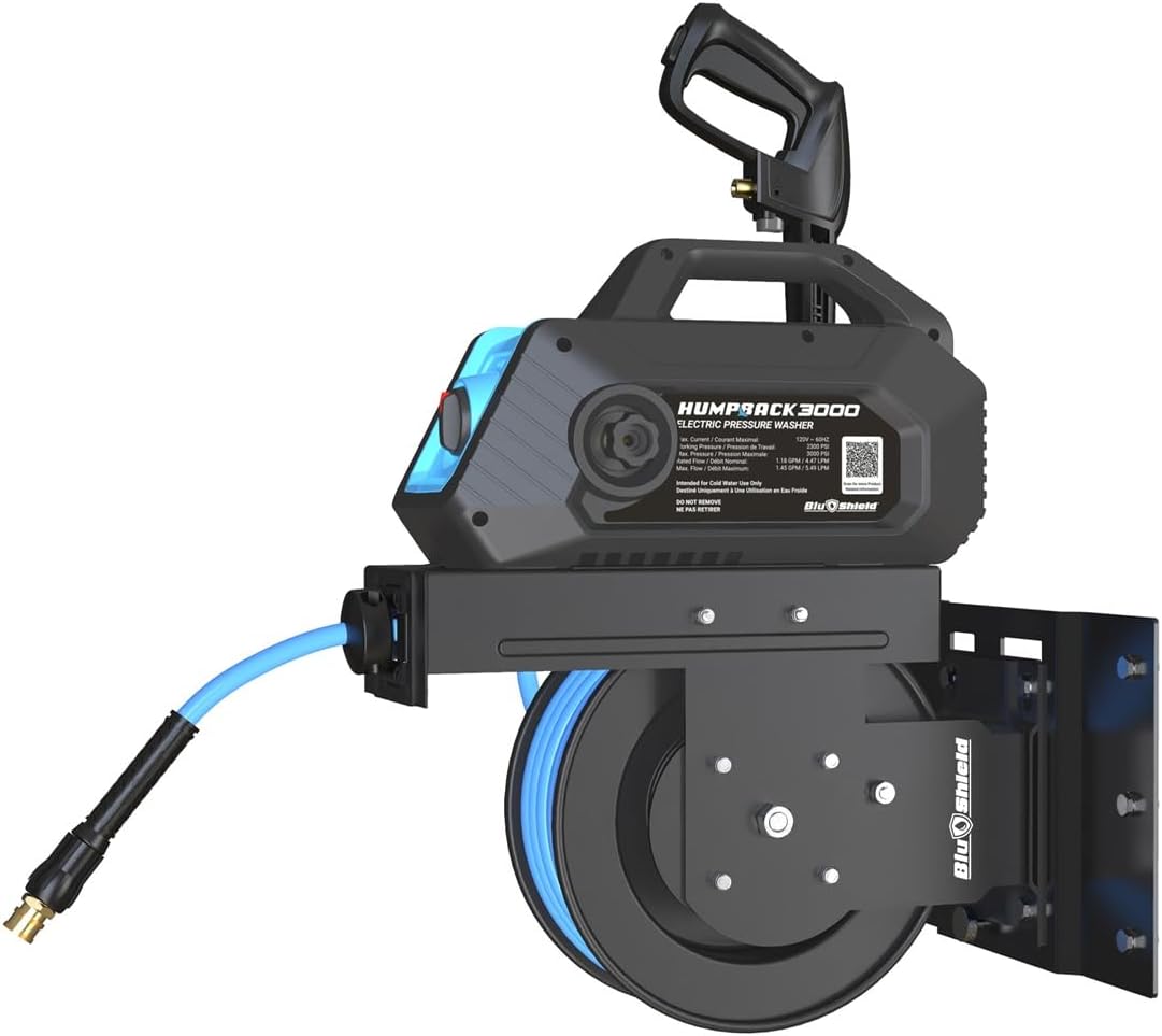 Blushield Humpback TTPWRHB1450-3000 Electric Pressure Washer 3000 PSI Wall-Mounted All-in-One System with Self-Retracting Hose Reel, Inlet Hose & Accessories - Steel Frame, Leak-Free & Space-Saving