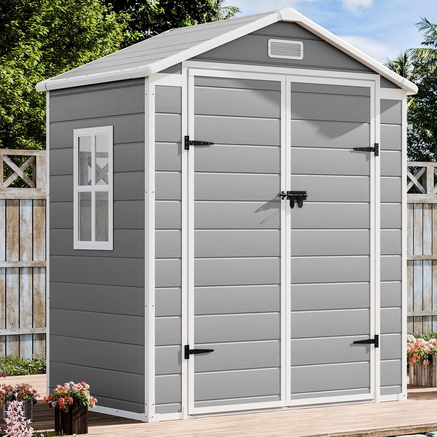 Outdoor Resin Storage Shed 6x3 FT Waterproof Sheds Kit with Floor Window Lockable Door Included, Outside Plastic Sheds for Backyard Garden Patio Lawn Tools