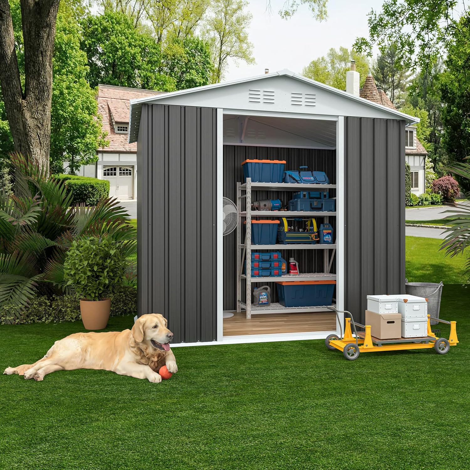 ZeHuoGe Outdoor Storage Sheds with Base, Metal Garden Storage Shed, Garden Houses (Grey, 6 x 4 FT)