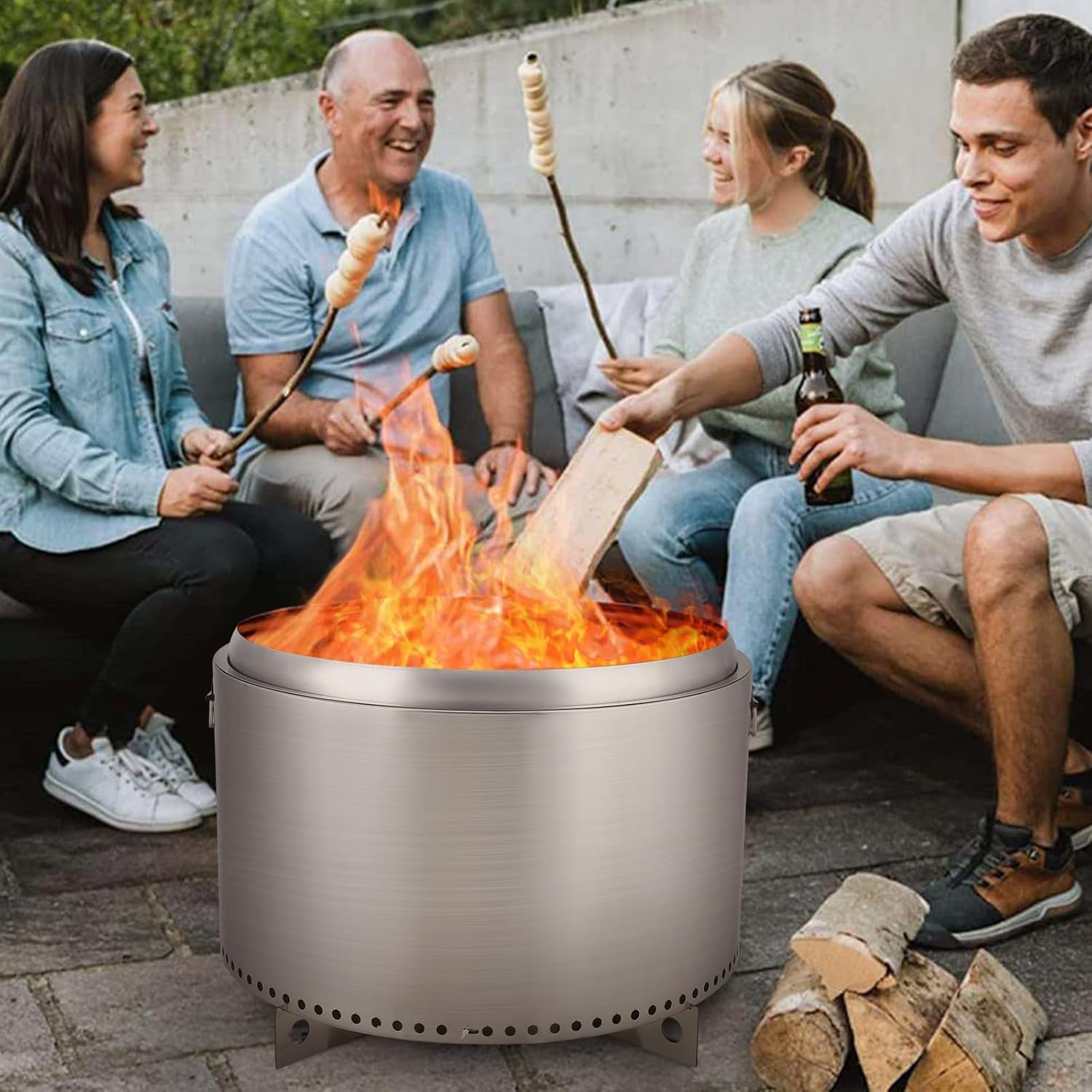 27 Inch Smokeless Fire Pit with Air Switch, Portable Outdoor Stainless Steel Firepit with Removable Ash Pan, Wood Burning Stove for Outside Camping Backyard Patio Bonfire, 360° Wide Warm, Silver